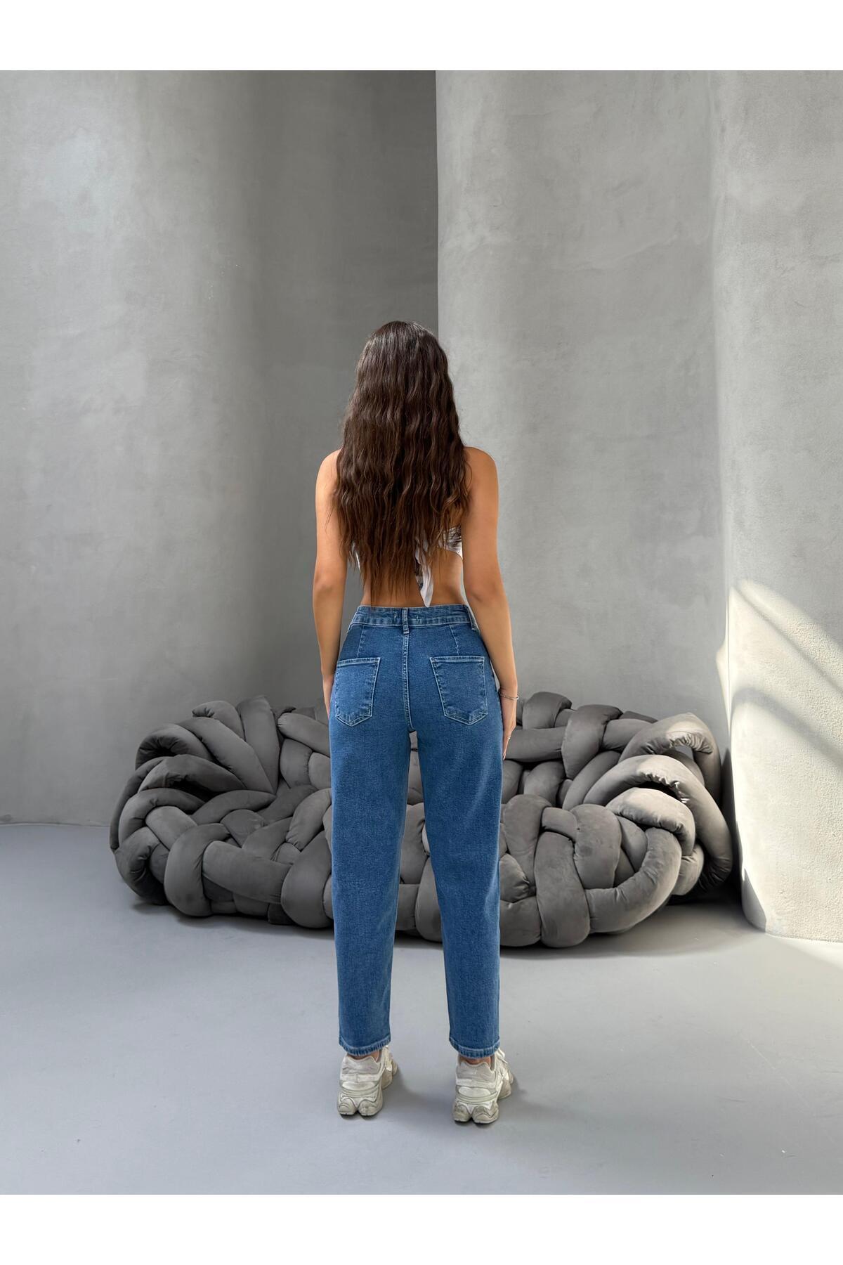 BİKELİFE  Kadın Yüksek Bel Boyfriend Likralı Pileli Mom Jeans - Görsel 4
