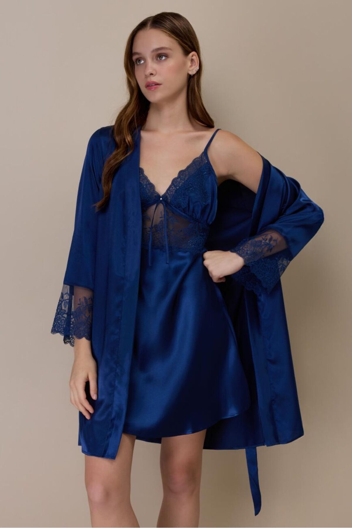 AYYILDIZ 3802 Lacivert Saten Gecelik Sabahlık Takım