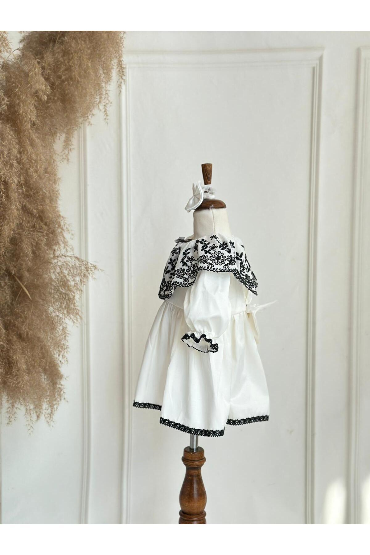 Hobidik Bebek Çocuk Kırık Beyaz Siyah Fisto Pelerin Elbise Set fotoğrafı 5 (önizleme)