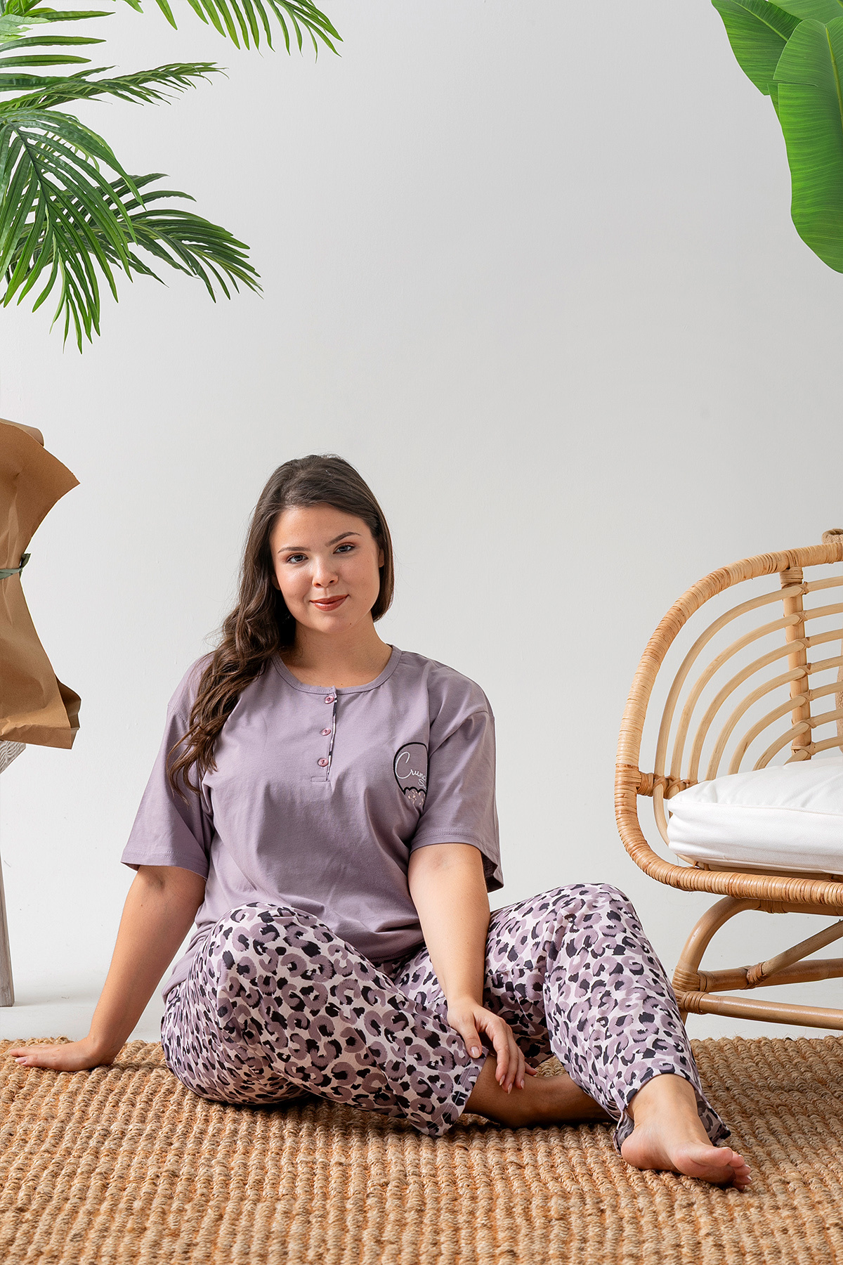 nisaNCa %100 Pamuk Büyük Beden Kısa Kol Kadın Pijama Takımı- Lila Leopar Desen Şık Pijama Takımı