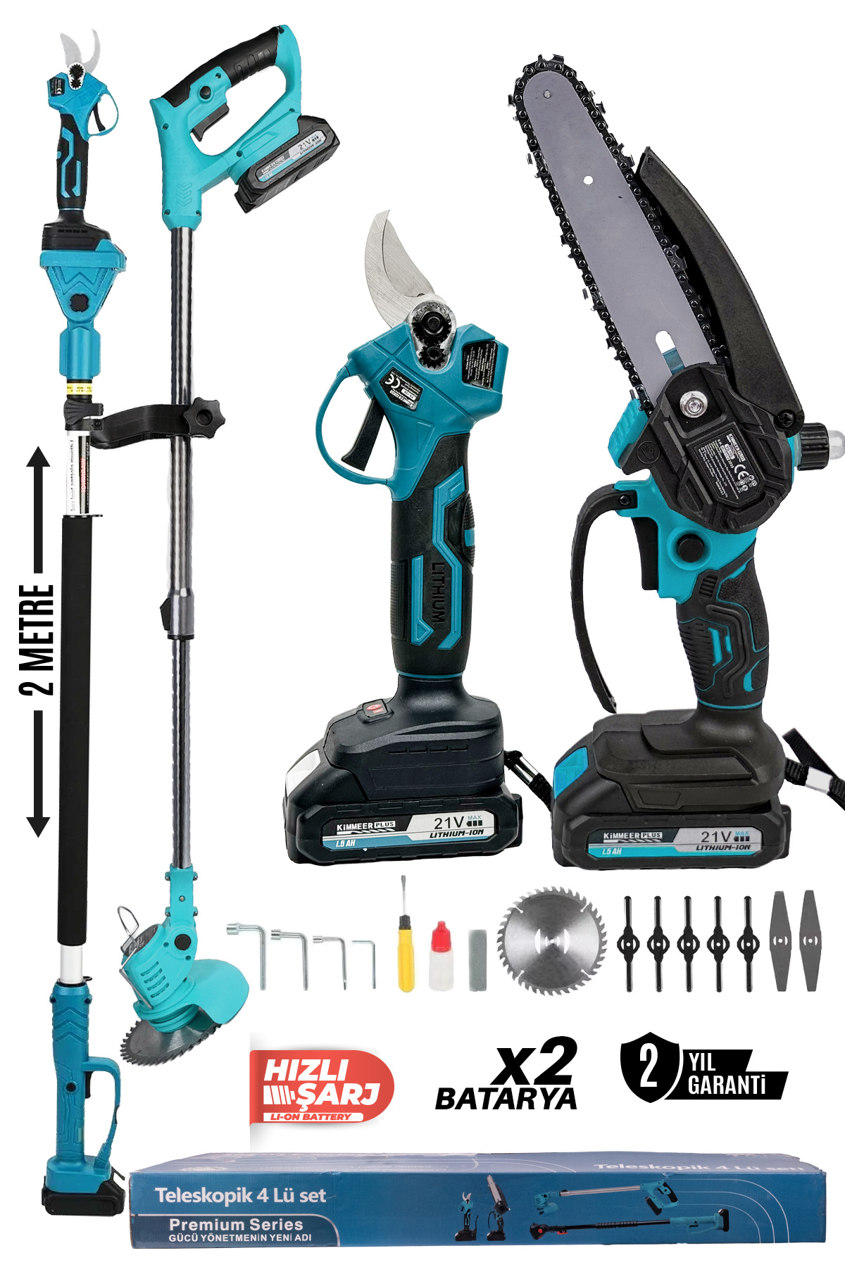 KİMMEER PLUS Profesyonel 4'lü set şarjlı makas testere tırpan ve teleskopik uzatma 30cm