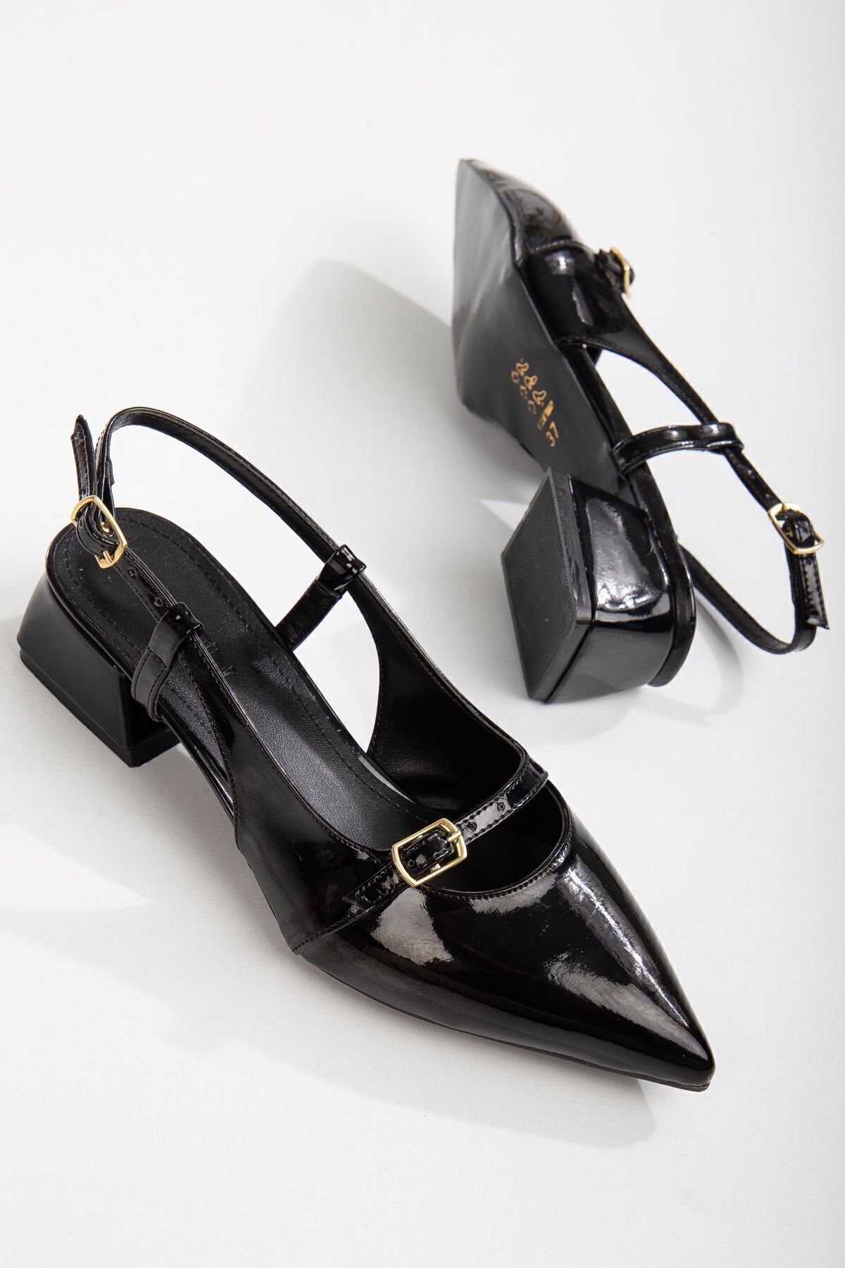 Women's Mary Jane Black Spring Short Block Heeled Shoes with Open Back Pointed Toe Helmet