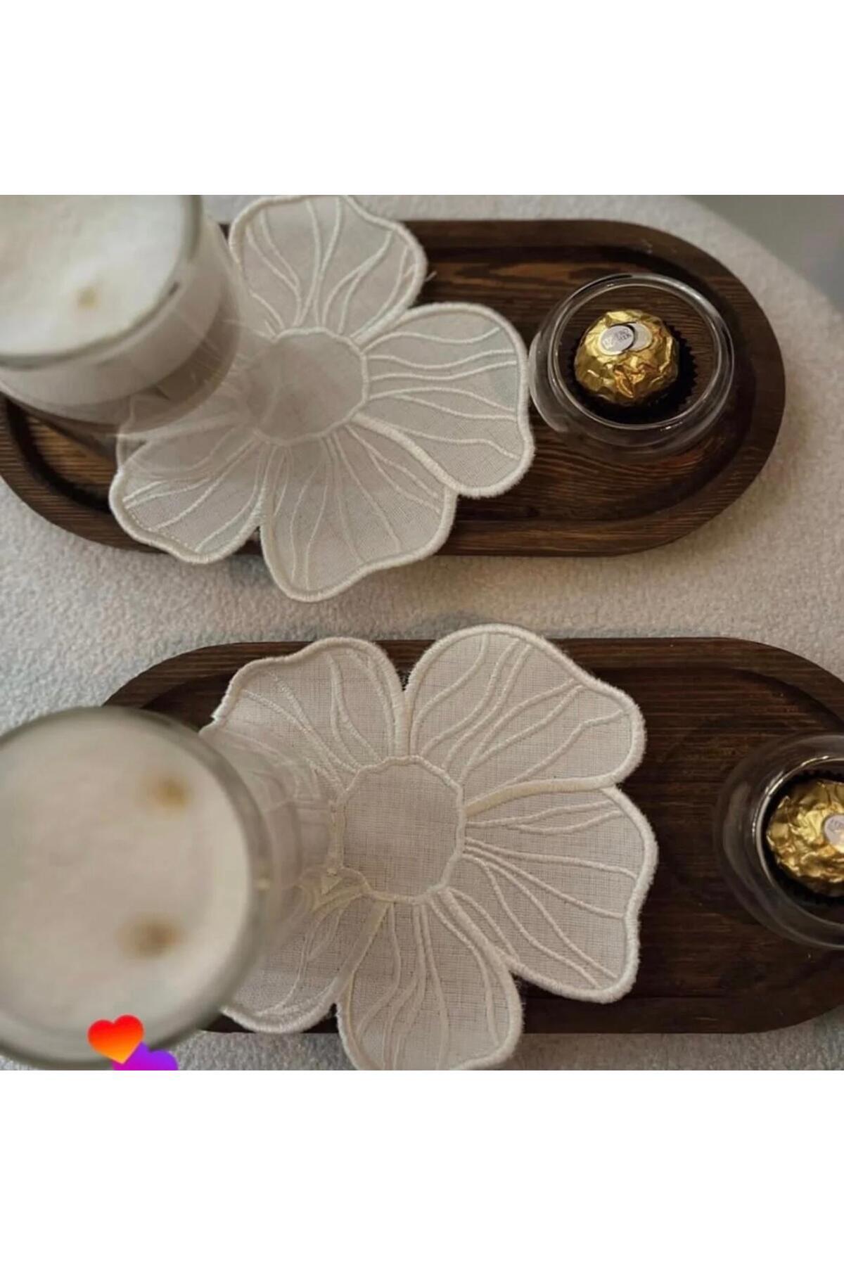 İNCİ ÇEYİZ 6 Pieces Bloom Flower Embroidered Coffee Side Cocktail Napkins & C...