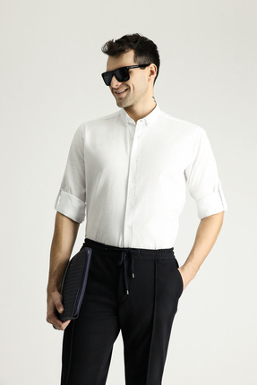 Kiğılı Uzun Kol Rahat Kesim Düğmeli Yaka Pamuk Nefes Alabilen Keten Görünümlü...