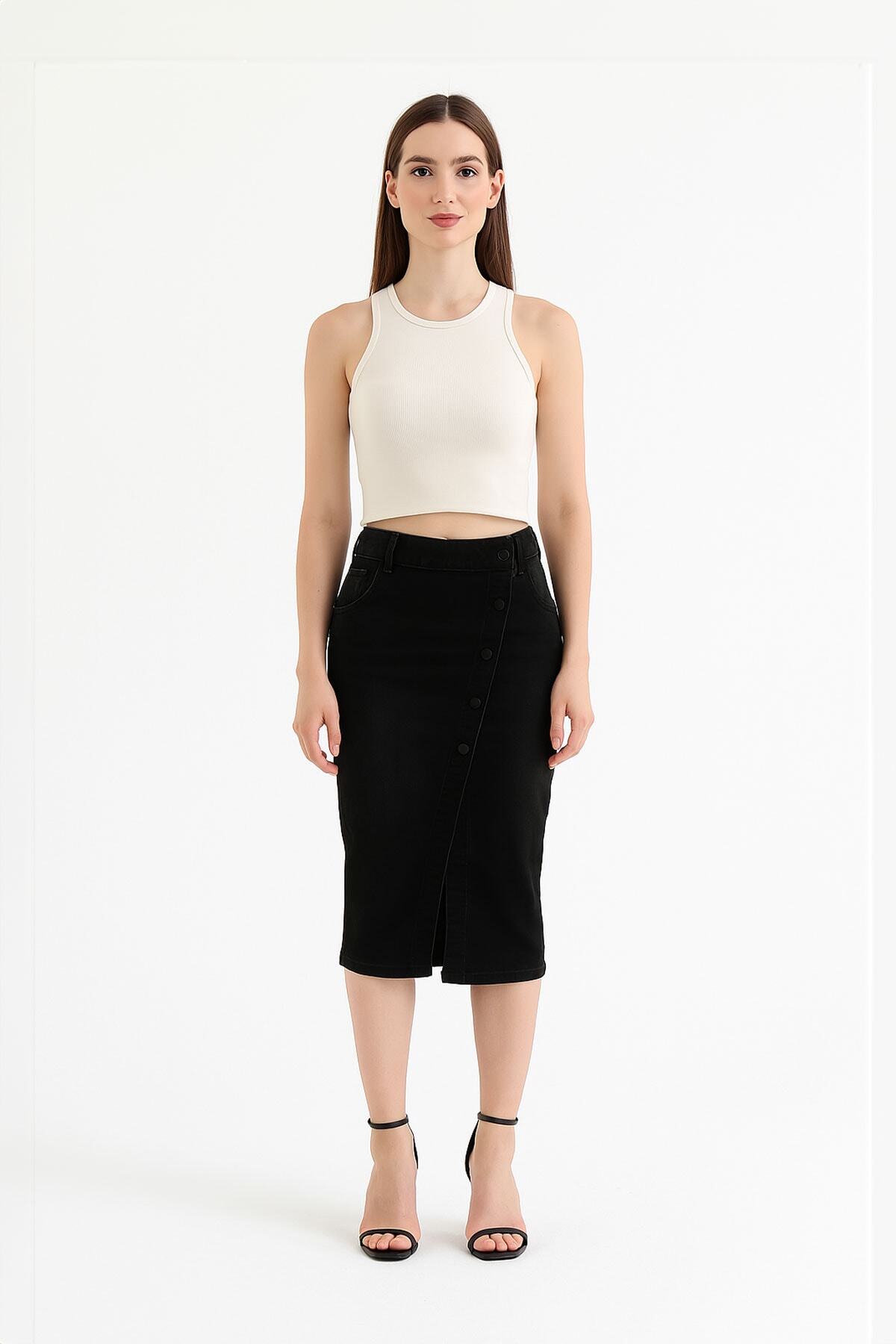 Midi Size Lycra Black Jean Skirt with Side Button Front