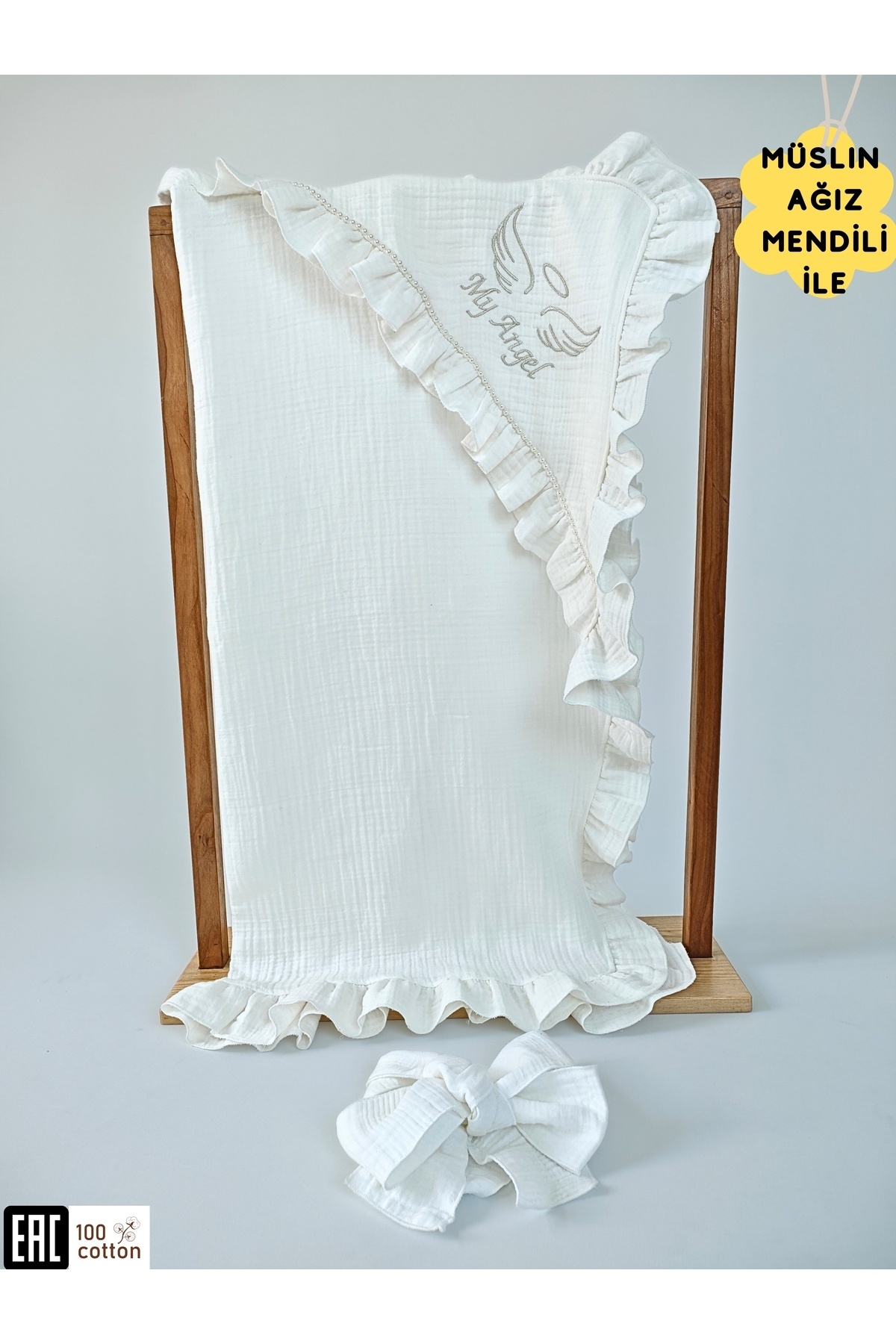 Tomuycuk Ekru 4 Kat Müslin Bebek Battaniyesi %100 Pamuklu Kız / Erkek Bebek Örtüsü Kundağı Nakışlı Hediyelik fotoğrafı 2 (önizleme)