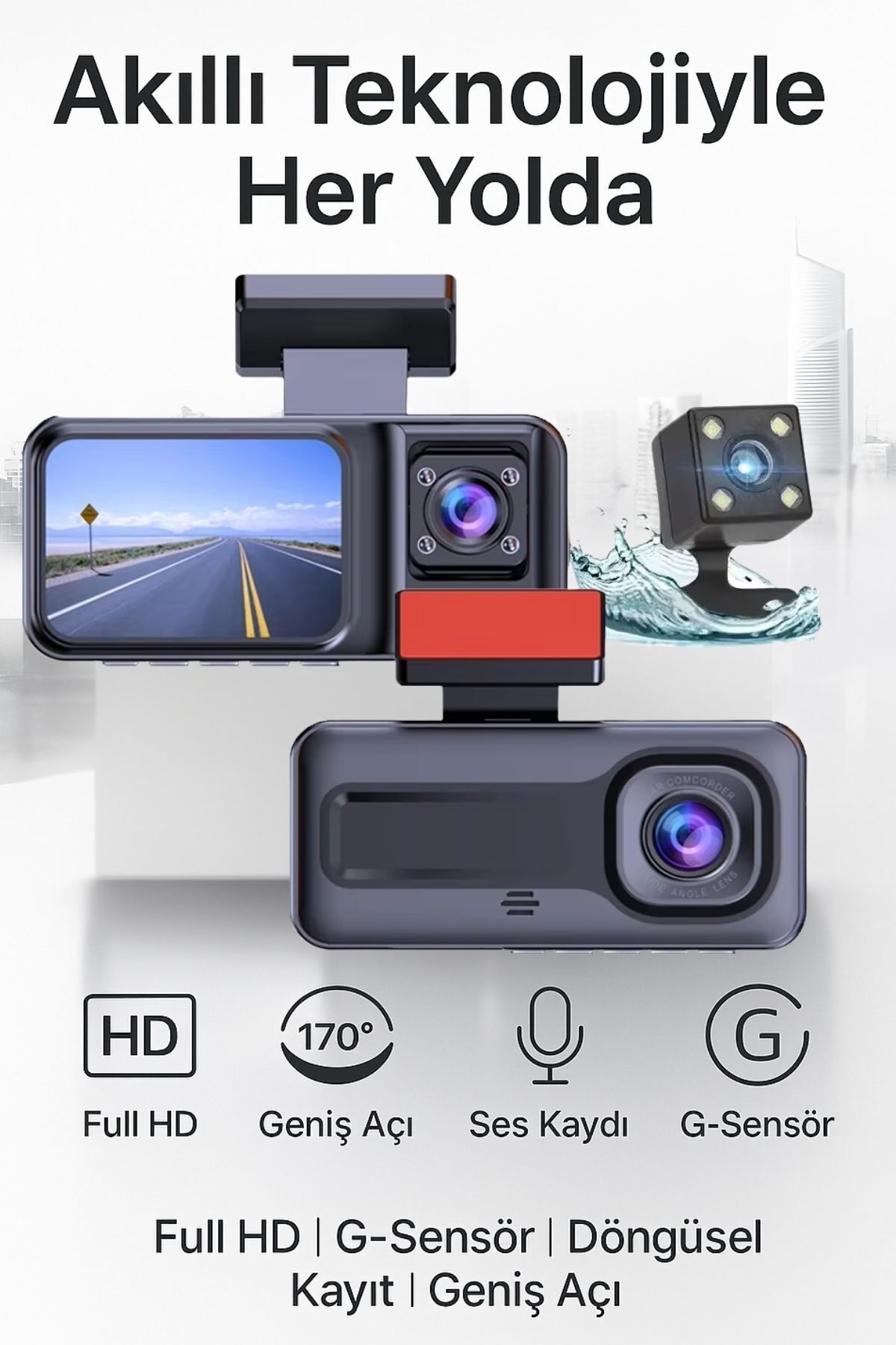 Zineets Siyah 1080p Araç içi 3 Kameralı Lcd Ekranlı Gece Görüşlü , G-sensör , Geri Görüş Kamera