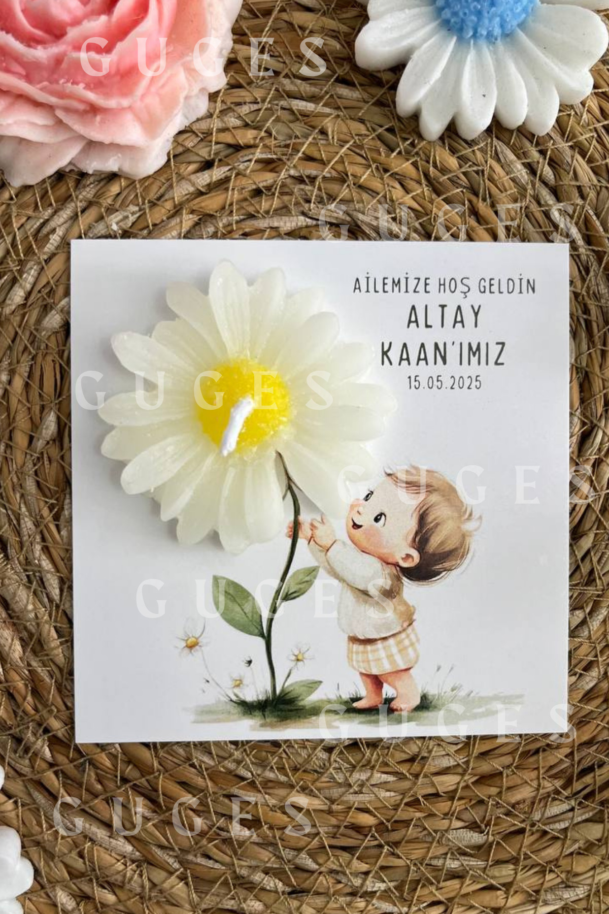 Genel Markalar 10 Adet Özel Tasarlanmış Kart Ve Papatya Mum. Bebek Doğum, Babyshower, Doğum Günü, Hediyelik fotoğrafı 4 (önizleme)