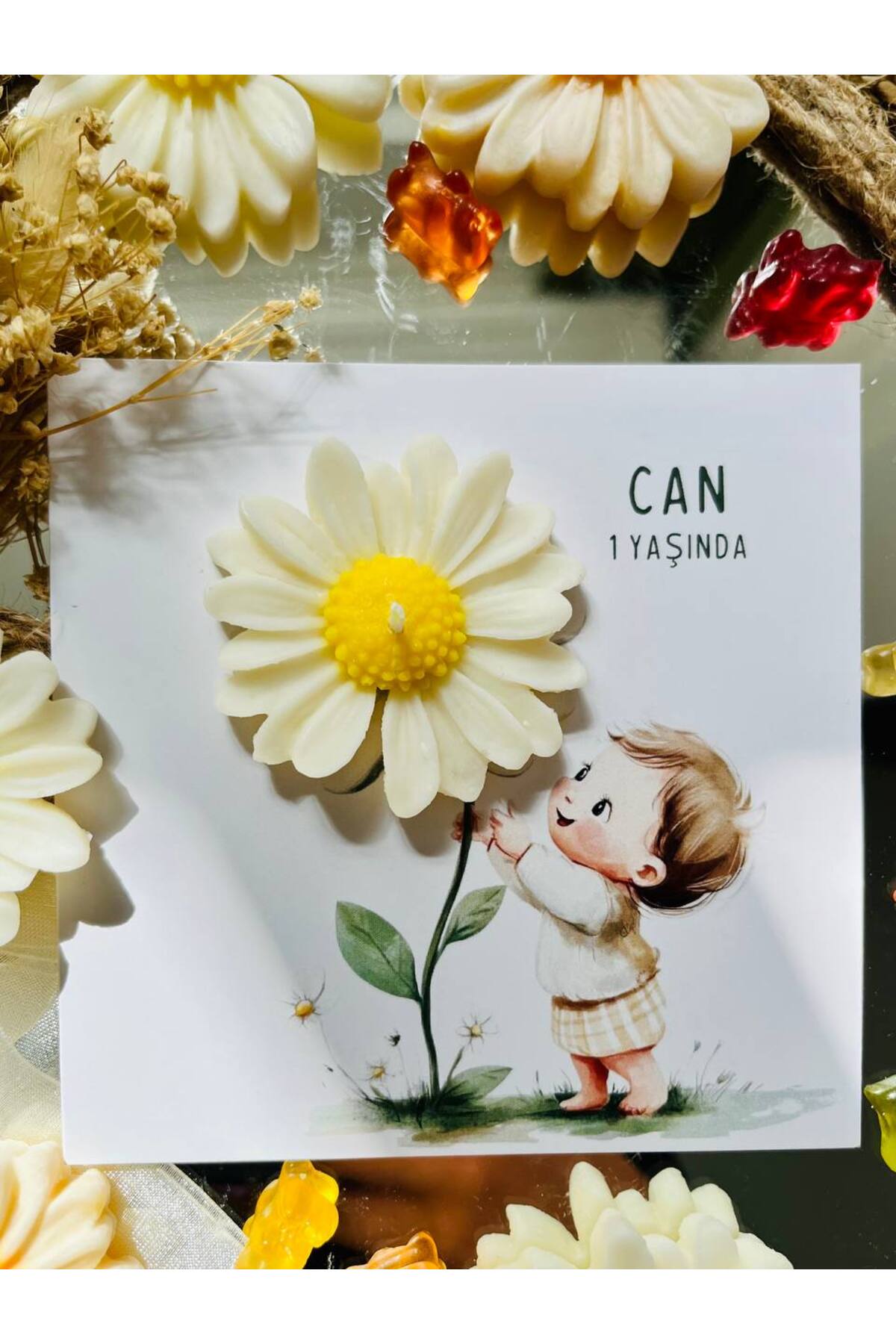 Genel Markalar 10 Adet Özel Tasarlanmış Kart Ve Papatya Mum. Bebek Doğum, Babyshower, Doğum Günü, Hediyelik fotoğrafı 3 (önizleme)