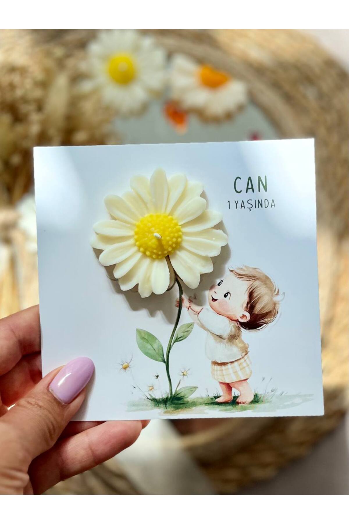 Genel Markalar 10 Adet Özel Tasarlanmış Kart Ve Papatya Mum. Bebek Doğum, Babyshower, Doğum Günü, Hediyelik fotoğrafı 2 (önizleme)