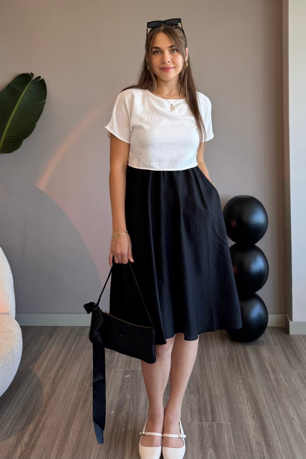 White-black Midi Dress with Suit Look Pockets