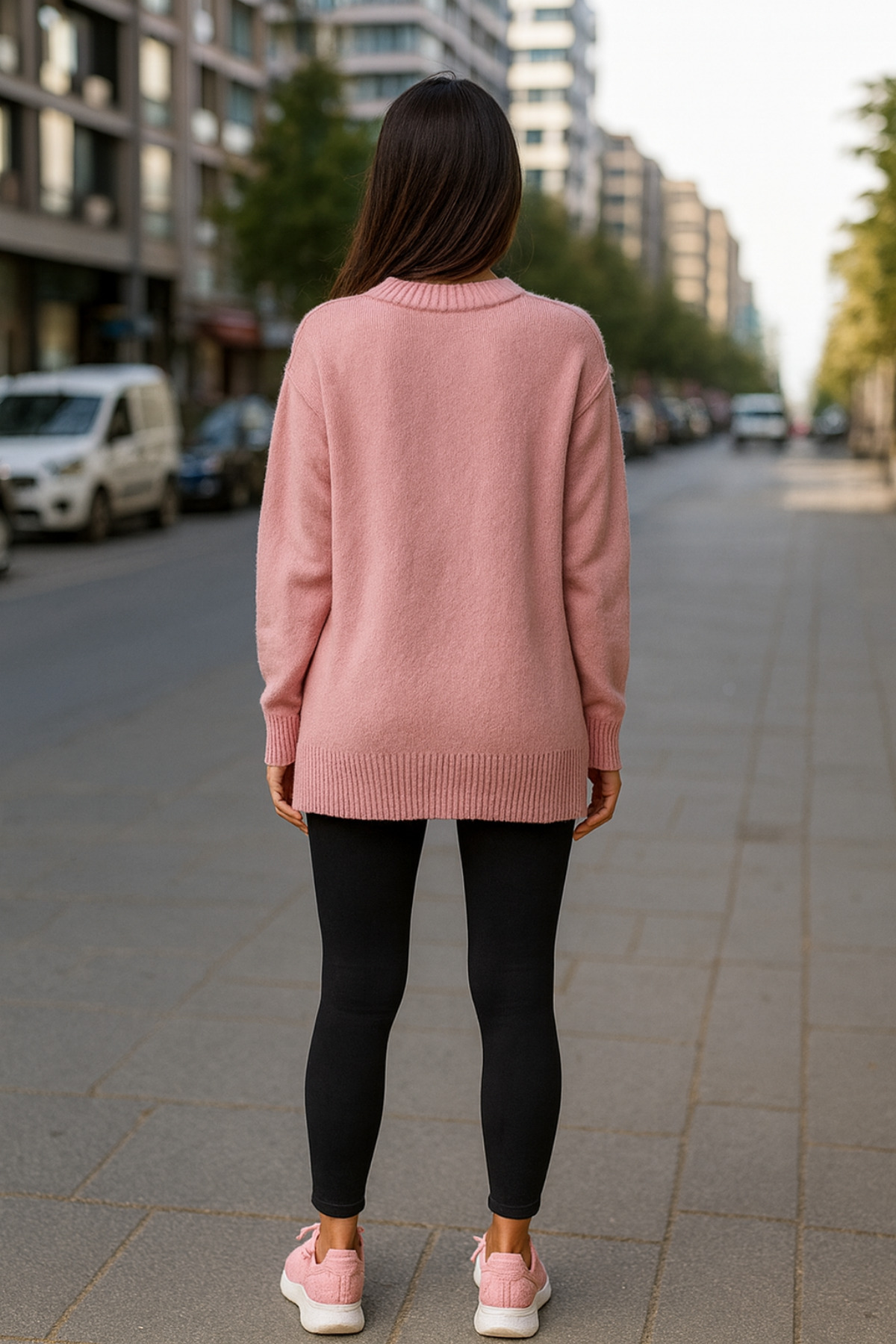 KOZİA OUTDOORS  Oversize Rahat Kalıp Pembe Bisiklet Yaka Triko Kazak - Görsel 4