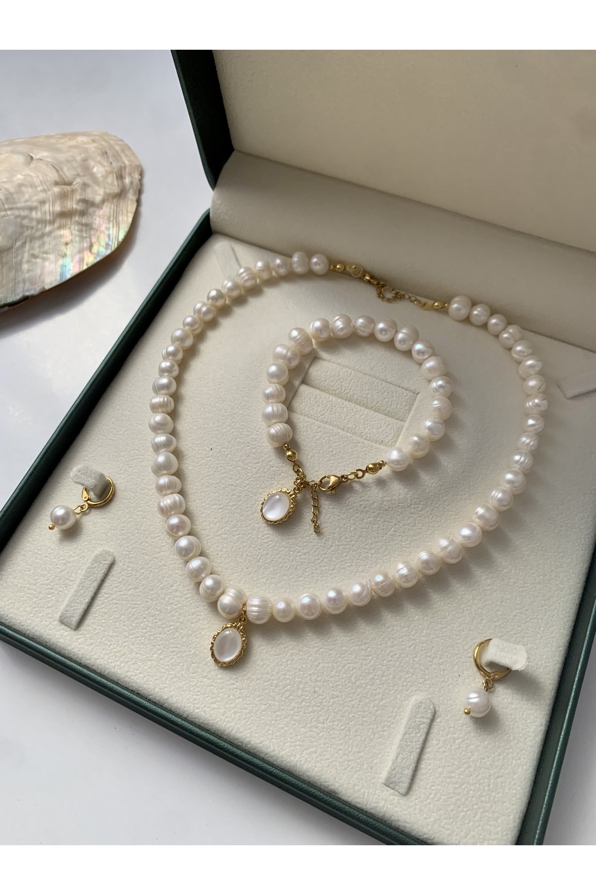 Certified Natural White Pearl Necklace Bracelet Earrings Set - Steel Apparatus - Oval Charm