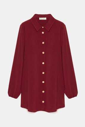 Saade Bordo Kadın Gömlek Yaka Ahşap Düğmeli Kolağzı Lastikli Aerobin Dokuma T...
