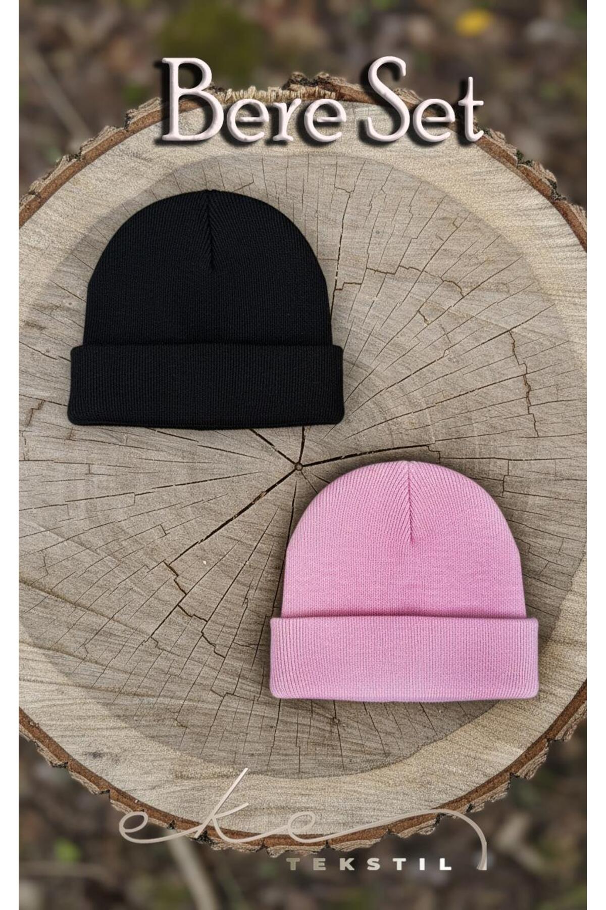 Eke Tekstil Unisex Katlamalı PEMBE,SİYAH 2'Lİ Bere Seti EKEBERESETİ2LİYENİ