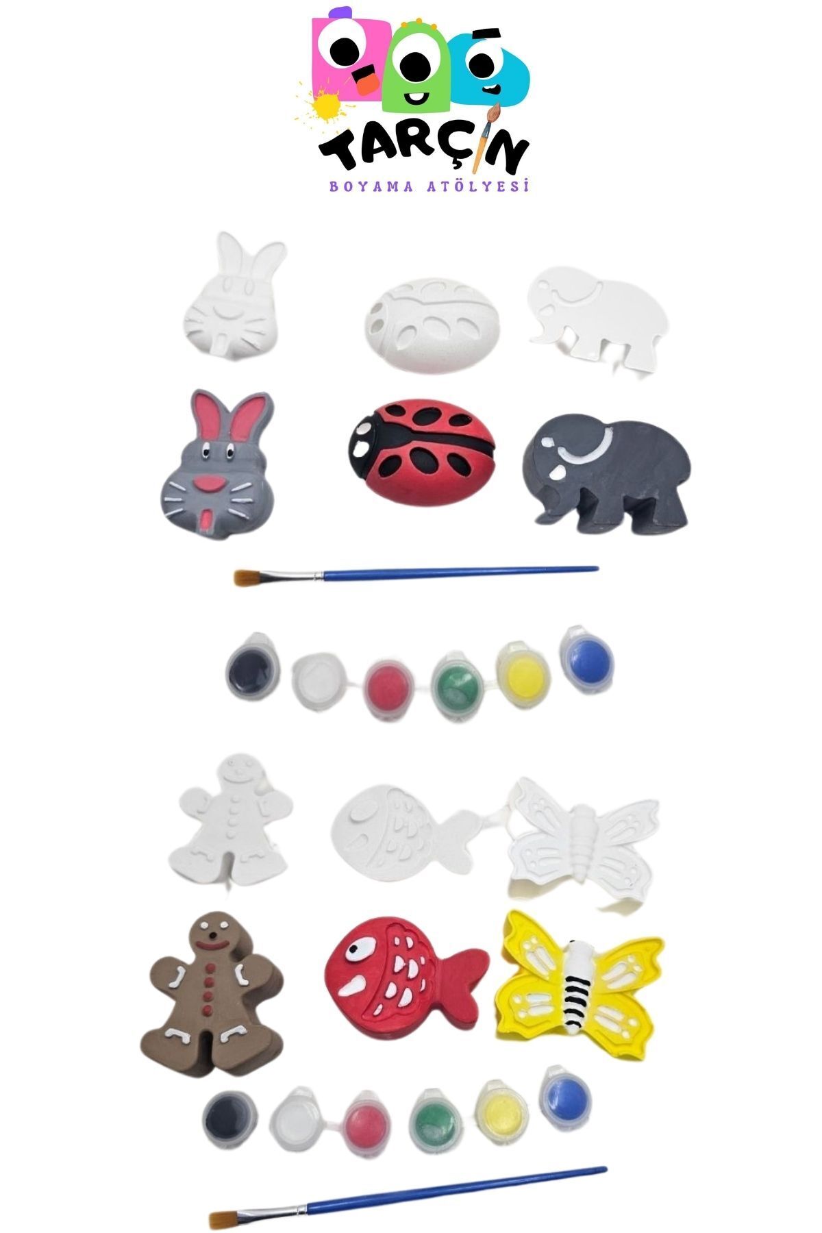 Okul Öncesi Eğitici Taş Boyama Tavşan- Kurabiye Adam-Kelebek-Fil- Balık-Uğur Böceği 6'li Set