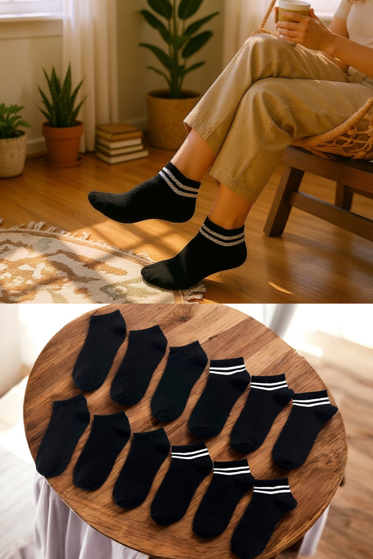 Women Men's 10-Pack Cotton Plain and Striped Black Mixed Booties Socks Set Breathable