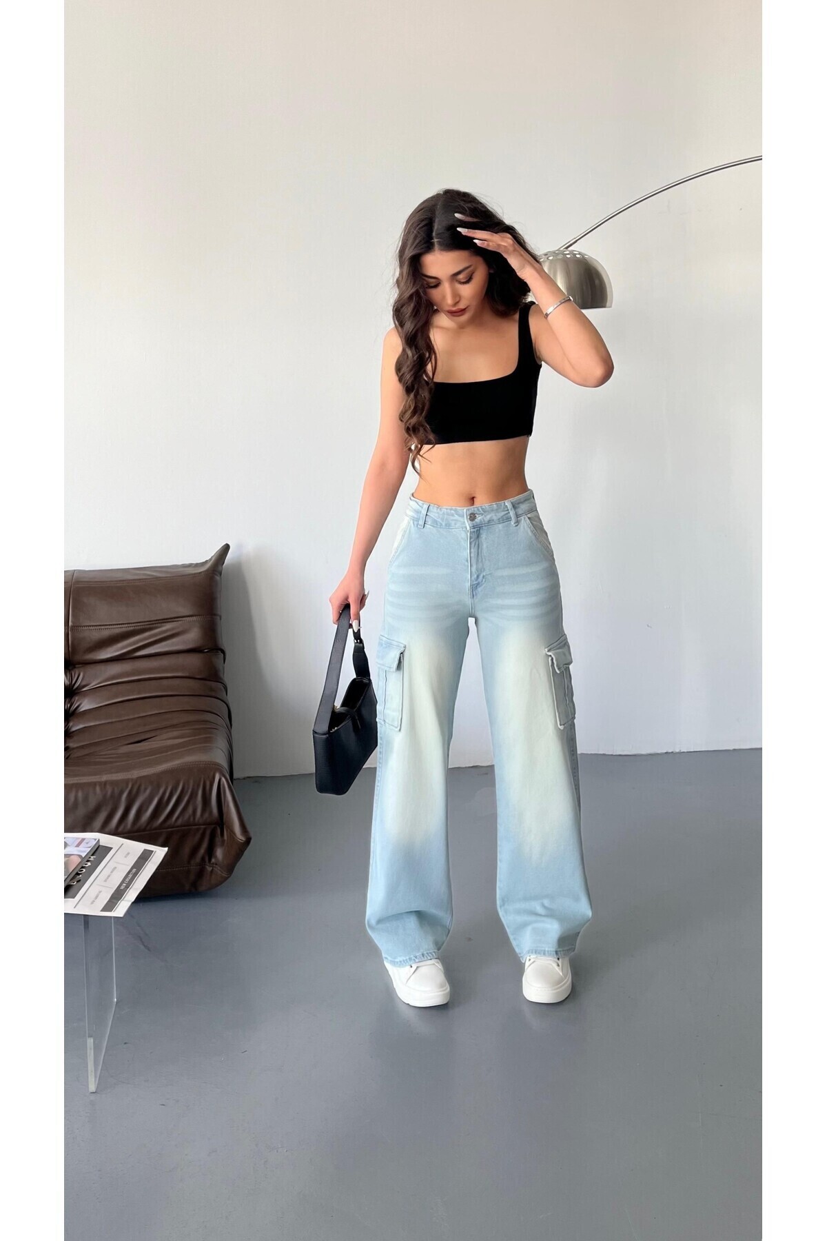 Kadın Soluk Efekt Vintage Yüksek Bel Wide Leg Kargo Pantolon buz mavi 5
