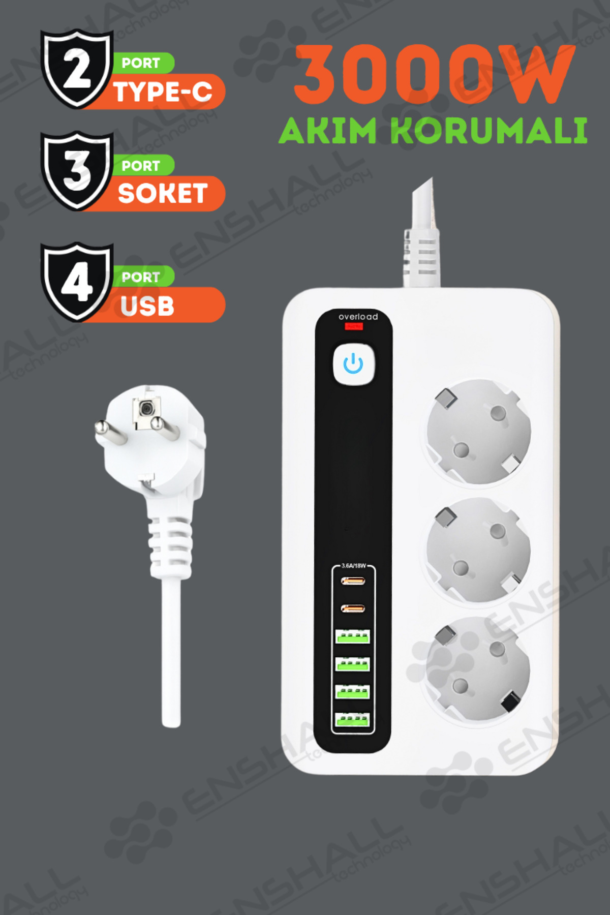 Enshall PRO P10 3X Priz 3000W Akım Korumalı 4X Usb 2X Type-c