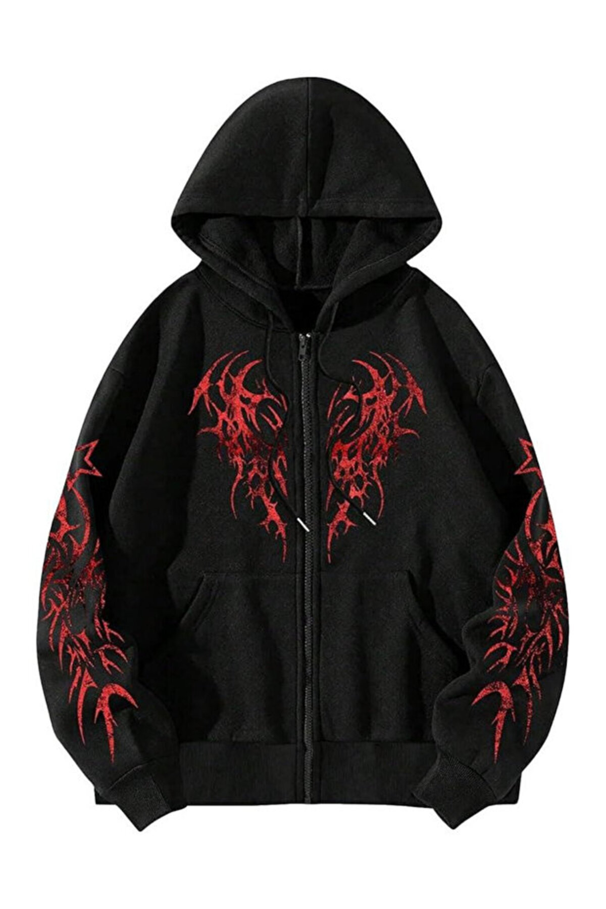 Gofeel Gothic Baskılı Oversize Fermuarlı Siyah Unisex Kapüşonlu