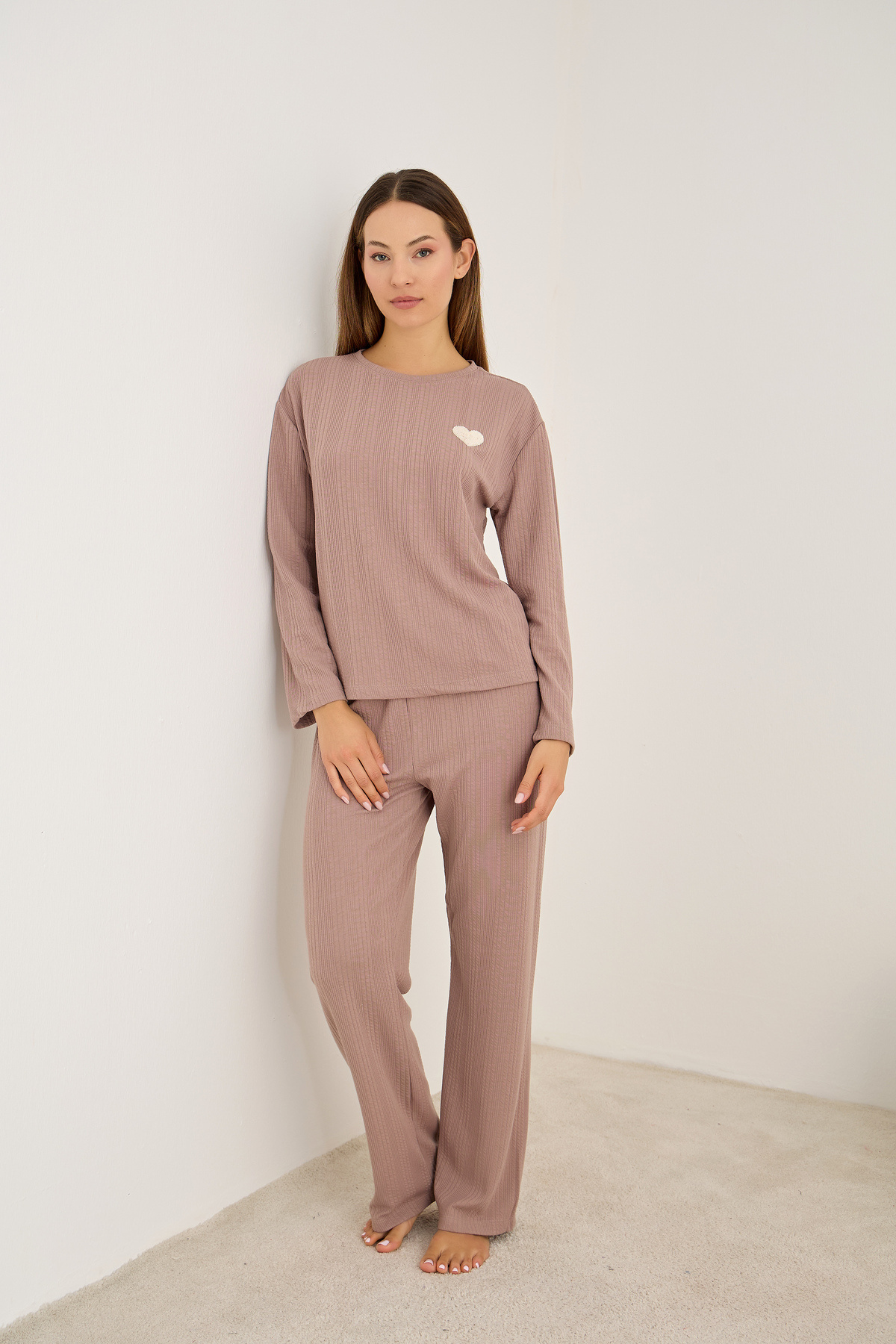 Siyah İnci vizon Kalp nakışlı Fitilli Yumuşak Tuşe Örme Pijama Takım görsel 2