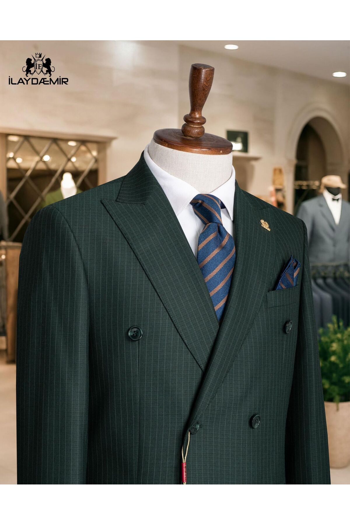 ilayda emir Khaki Green Italian Cut Double Breasted Striped Men's Suit