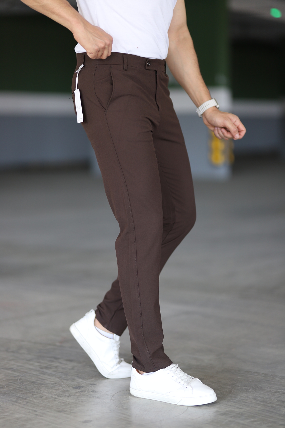 Gussi Erkek Kahverengi Renk Kaliteli Esnek Likralı Slim Fit Kumaş Pantolon görsel 4