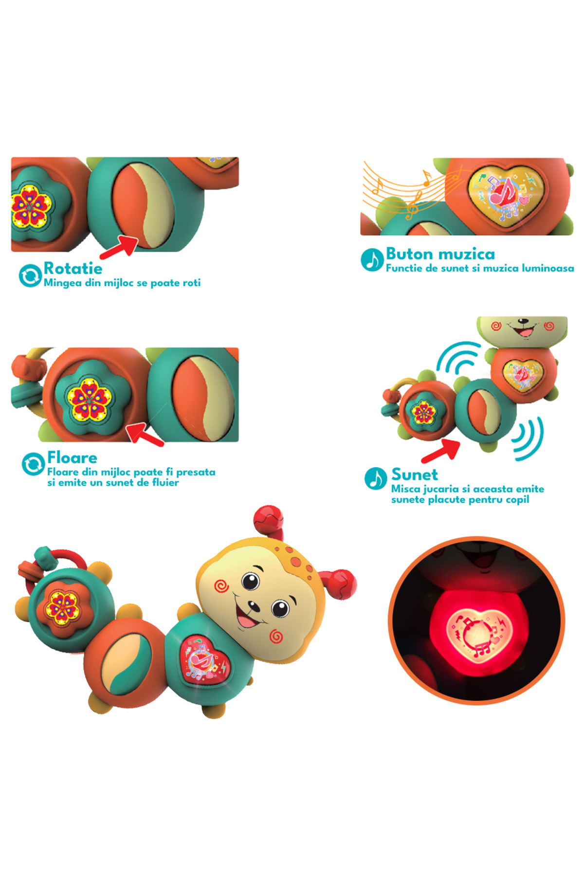 RCO Jucarie interactiva cu functie de rotire 360 de grade si lumini, Omida, 23x8 cm, +12 luni, WW7004-A