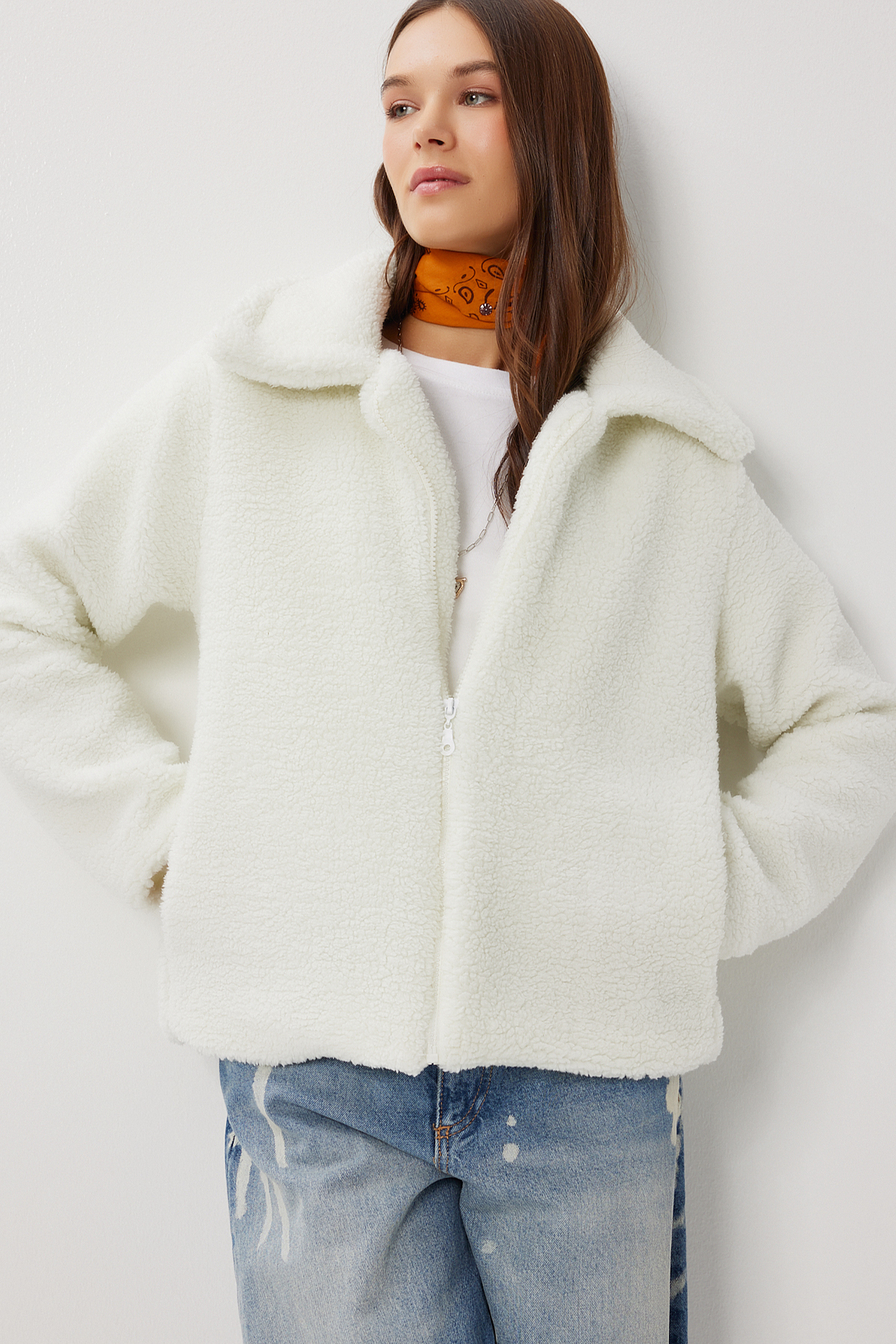 Lovelyİstanbul  Polo Yaka Fermuarlı Peluş Mont LCI0042 EKRU - Görsel 3