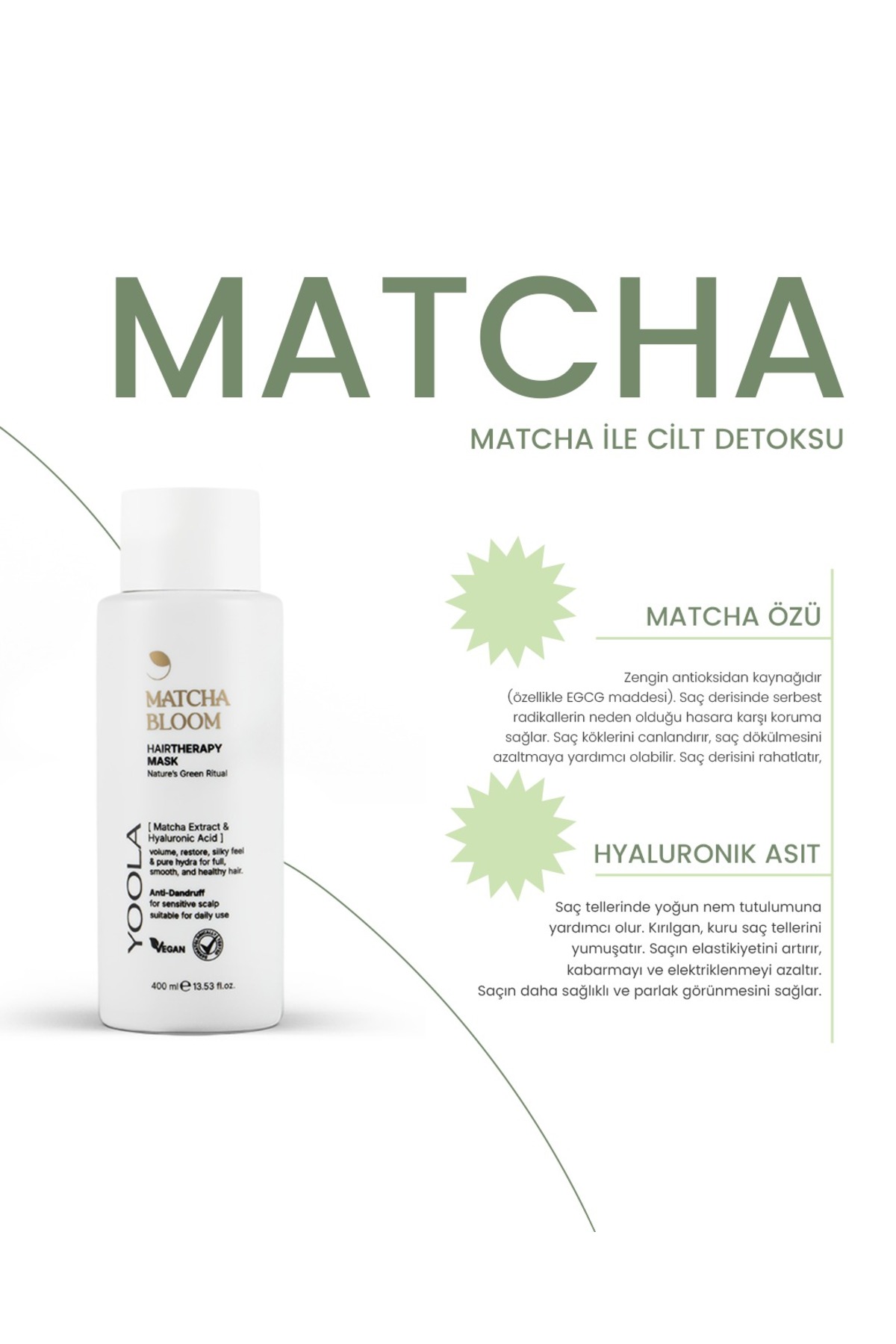 Yoğun Onarıcı Matcha Özü İçeren Nemlendirici Saç Maskesi - 400 ml - VEGAN — YOOLA02 — تصویر 3 از 8