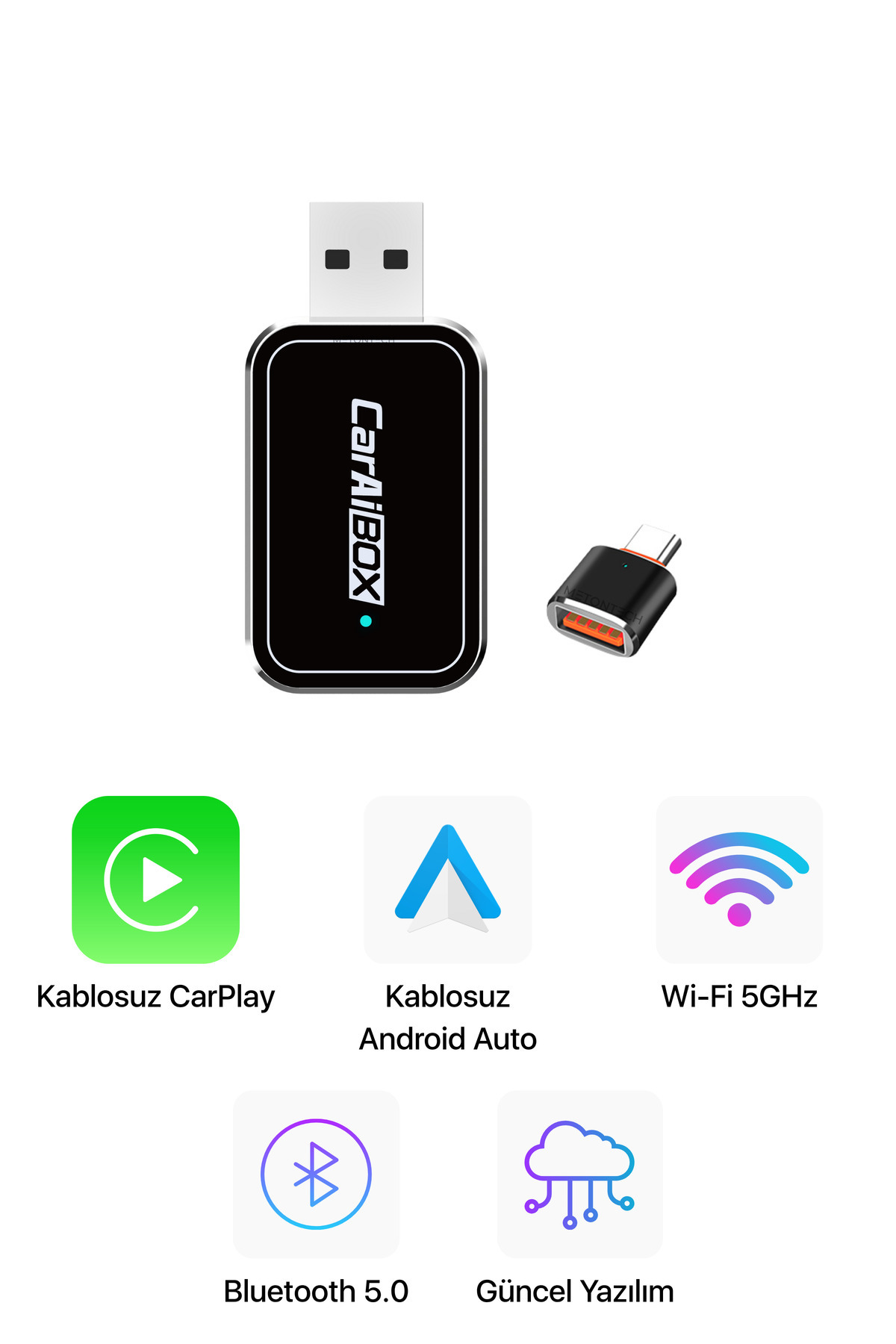METONTECH mini Kablosuz CarPlay & Android Auto Dönüştürücü | 2in1 Multimedya Adaptörü | USB - TYPE-C | Ai Box