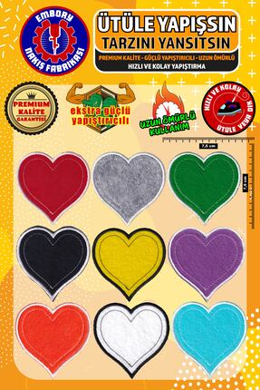 Embory Ütü ile Yapışan Arma Yama, Renkli Kalp Set (9 ADET) Ütüyle Yapışan Nak...