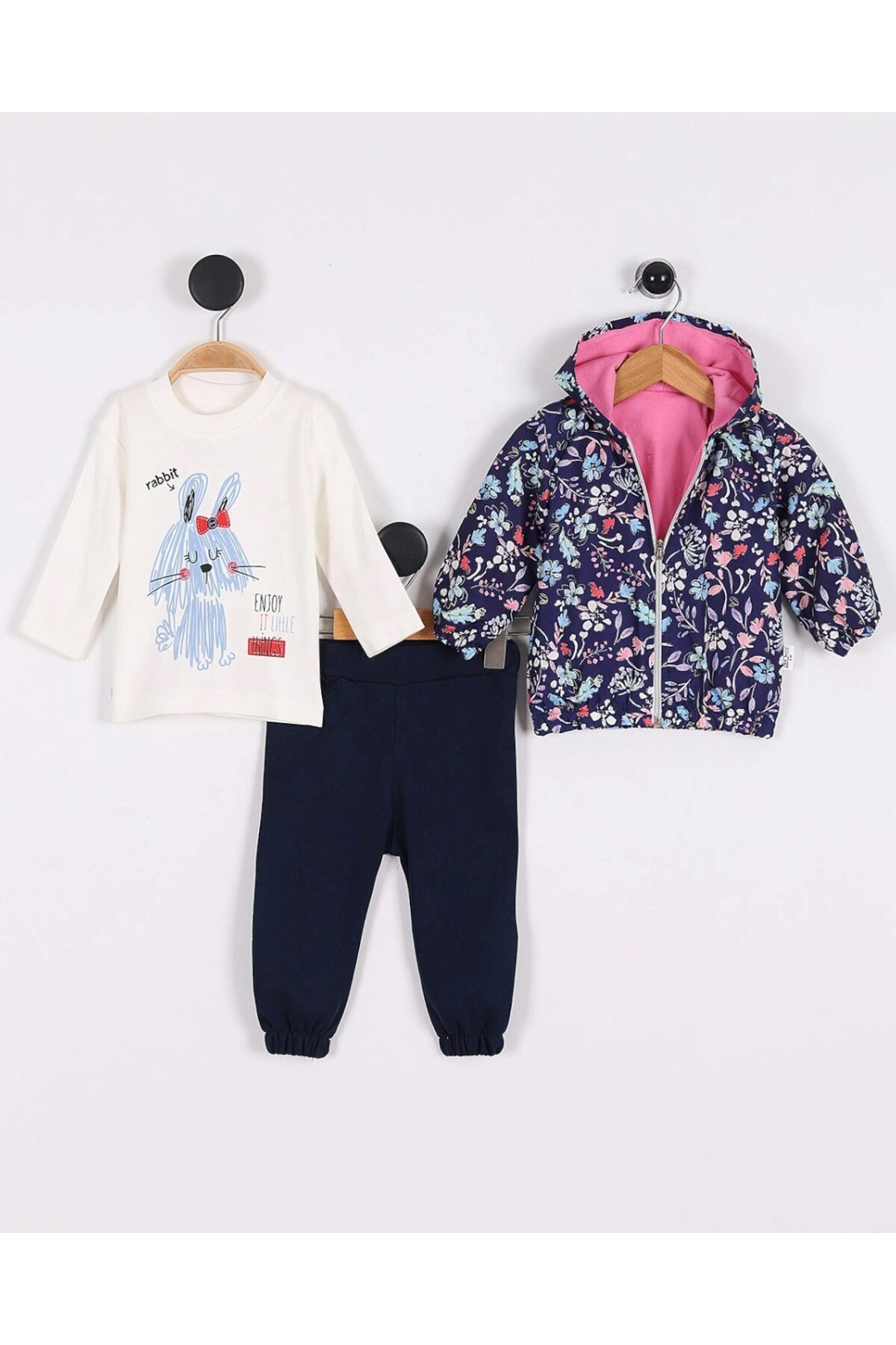 voyyo kids baby Kız Bebek Yağmurluklu Kapüşonlu, 3 Parça Mevsimlik Alt Üst Takım l 3-6-9-12-18 Ay fotoğrafı 4 (önizleme)