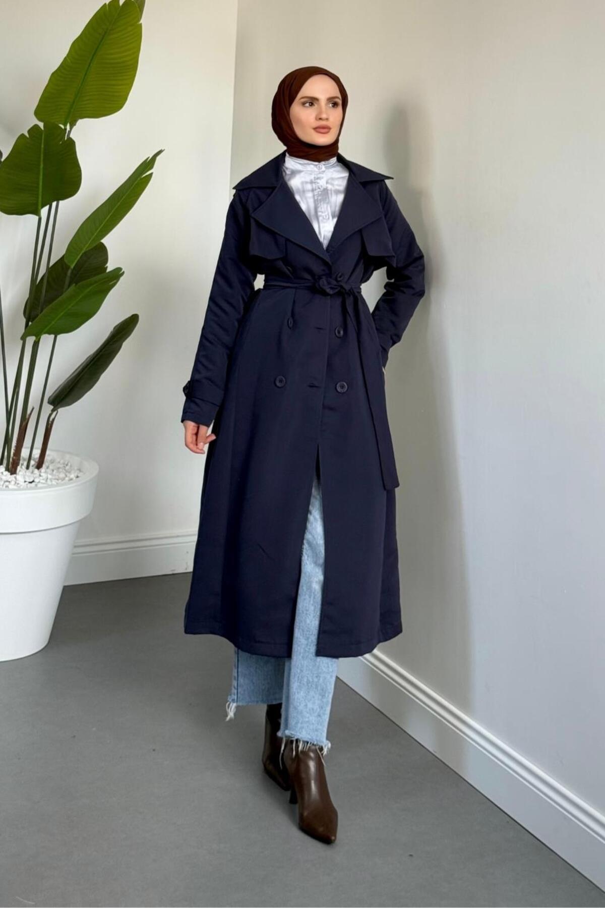 MERVEN AKYÜZ Mivora Astarlı Gabardin Trençkot Lacivert