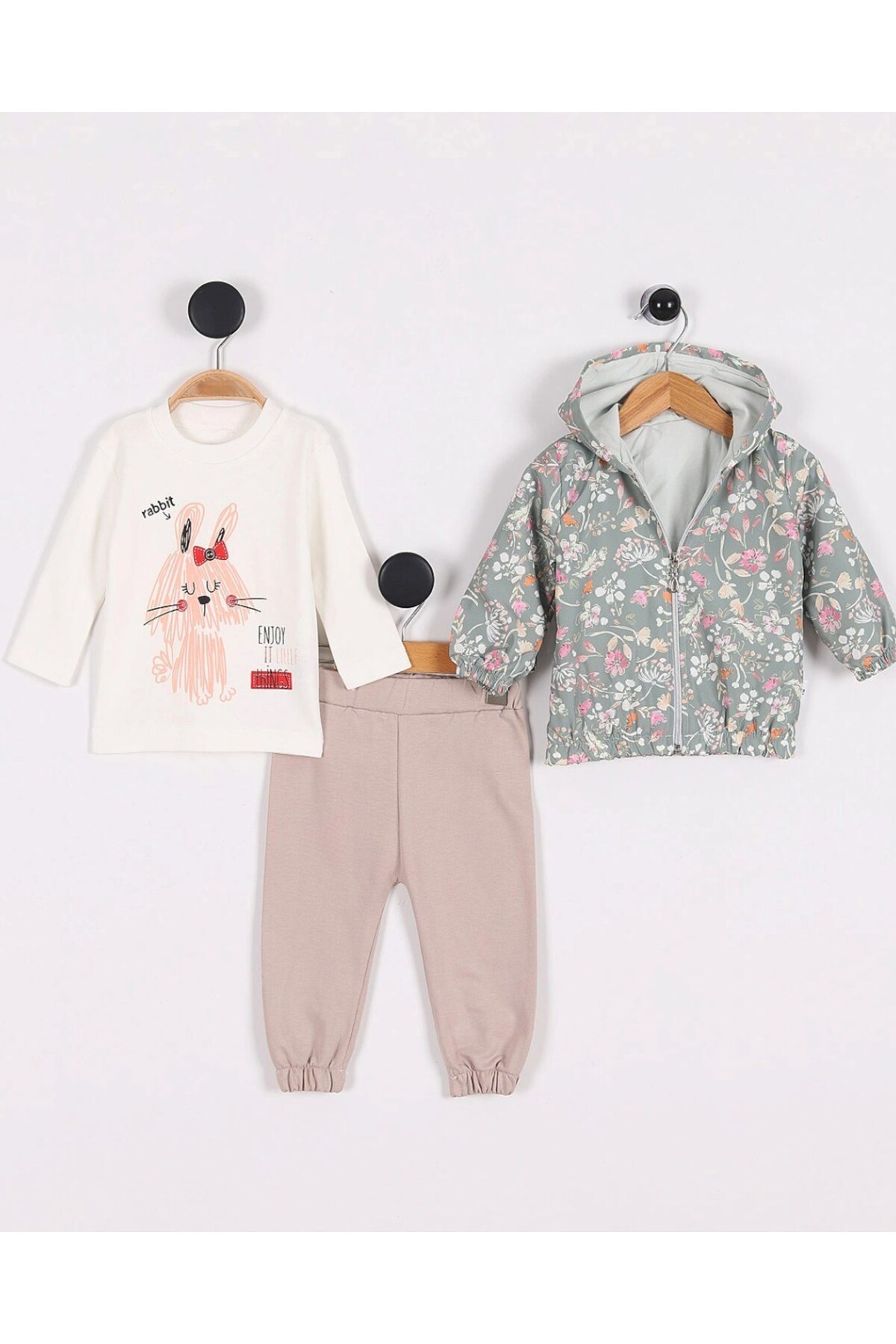 voyyo kids baby Kız Bebek Yağmurluklu Kapüşonlu, 3 Parça Mevsimlik Alt Üst Takım l 3-6-9-12-18 Ay fotoğrafı 4 (önizleme)