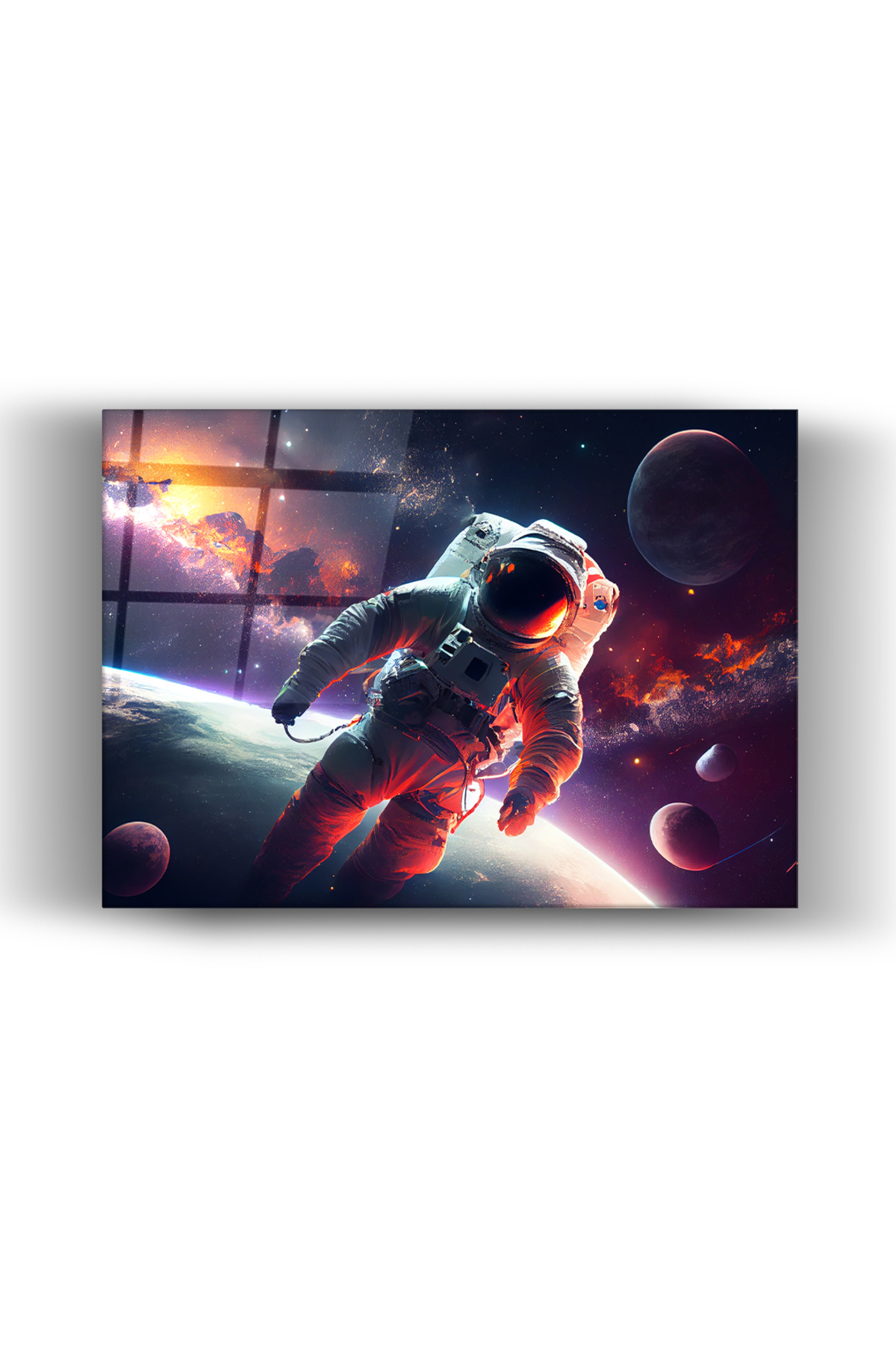 Galaksi ve Gezegenler Manzaralı Astronot Cam Tablo – Ev ve Ofis Dekorasyonu