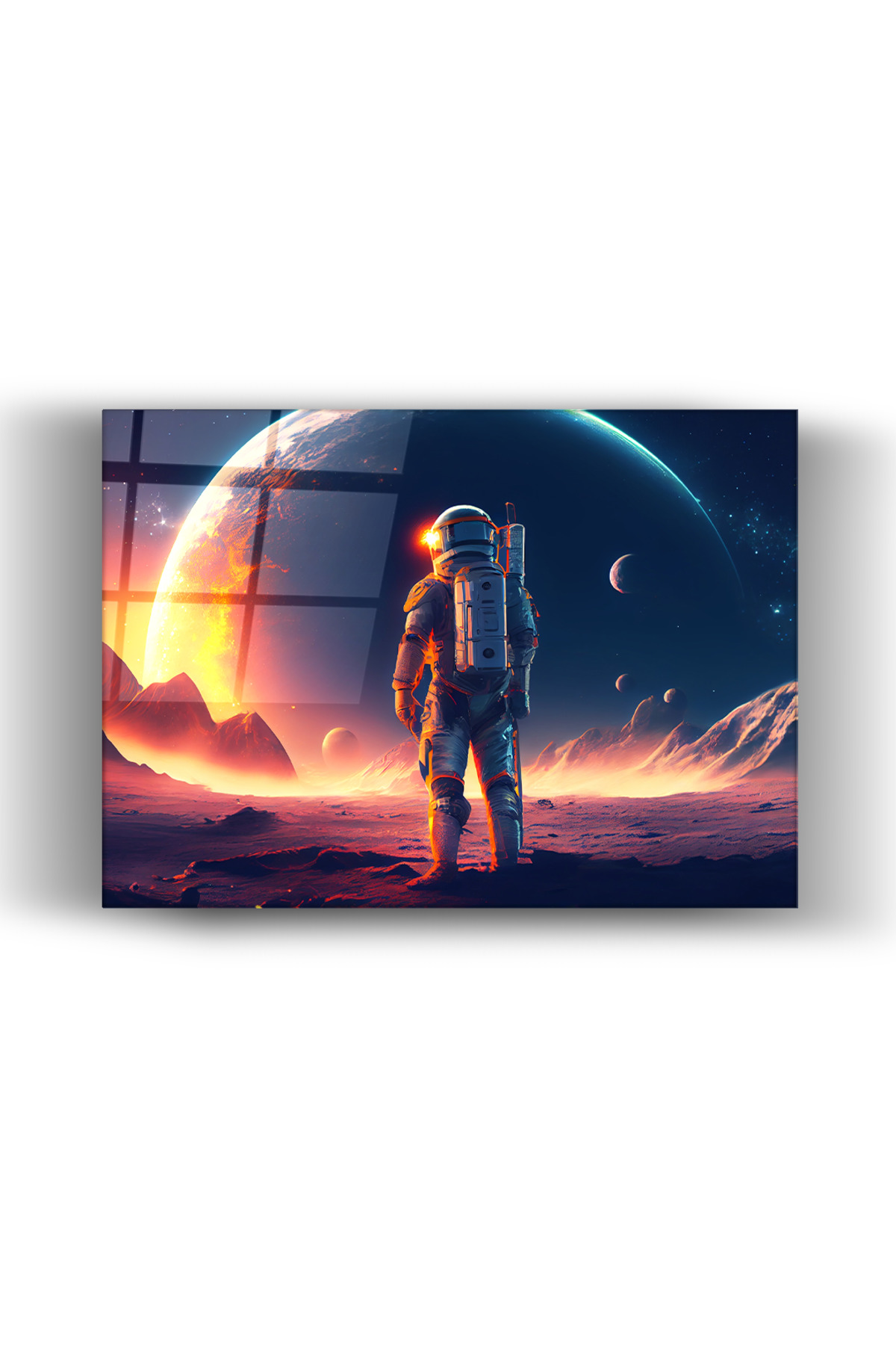 Galaksi ve Gezegenler Temalı Astronot Cam Tablo – Ev ve Ofis Dekorasyonu