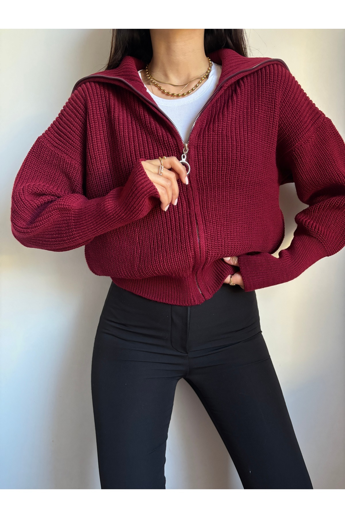LOTUS CITY  Bordo Devrik Yaka Fermuarlı Triko Hırka - Görsel 7