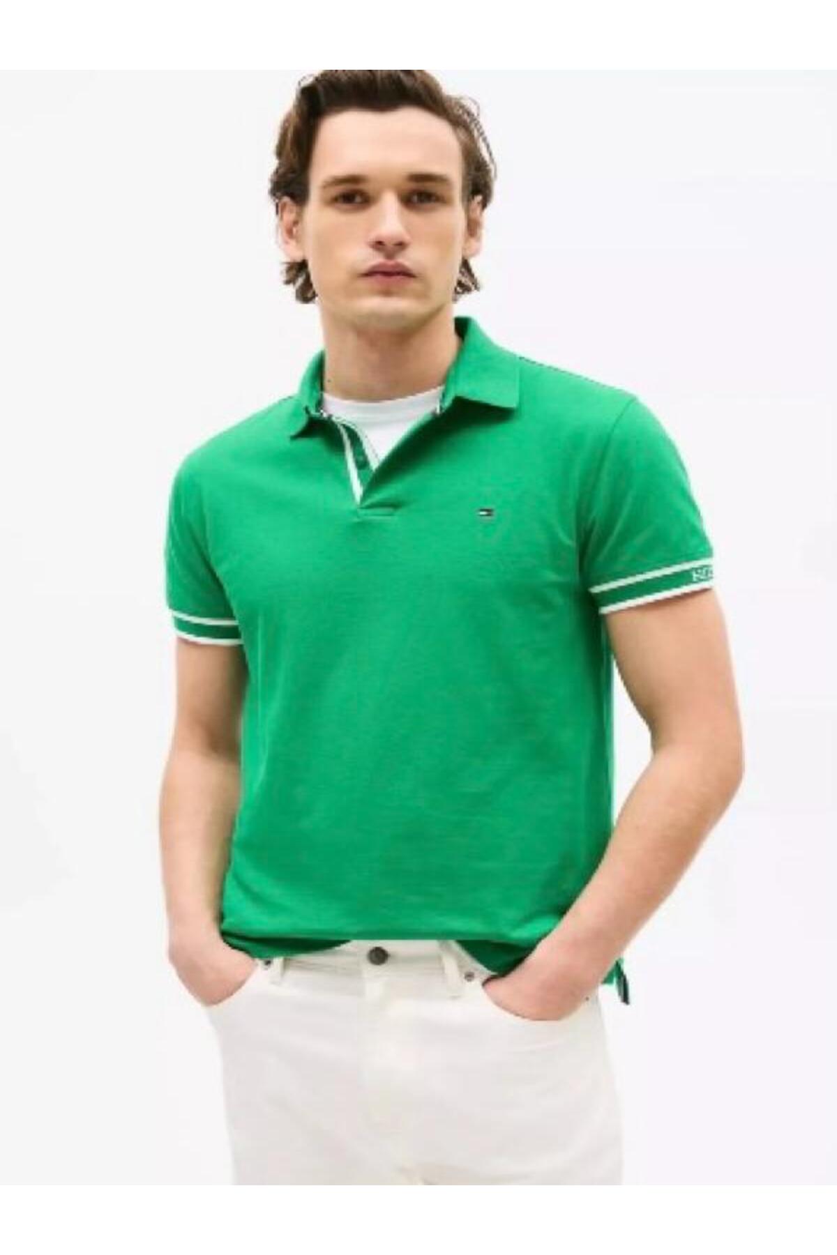 تامی هیلفیگر تی‌شرت یقه‌دار اسلیم فیت مردانه طرح مونوتایپ با سرآستین لوگو