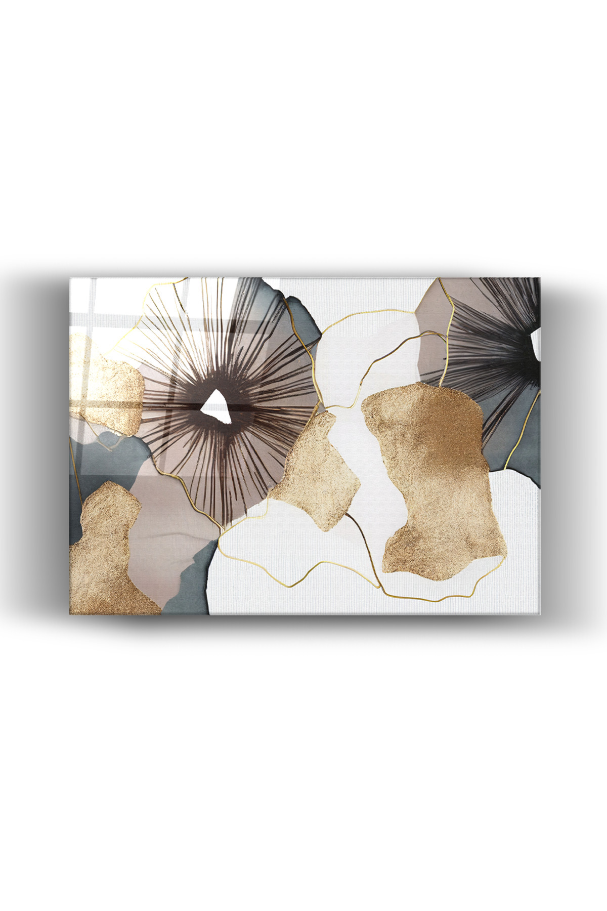 Abstract Organik Formlar | Gold Detaylı Yatay Cam Tablo | Pudra ve Gri Tonlar-Ev-Ofis Dekorasyonu