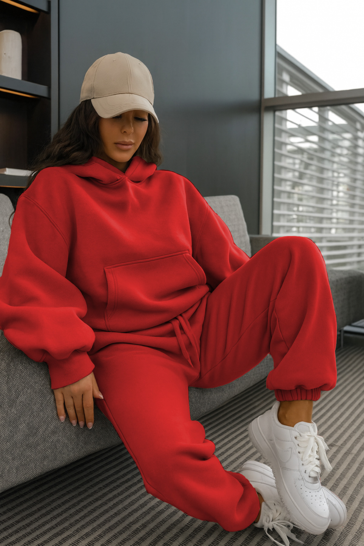 Unisex Oversize 3 İplik Eşofman Takımı – Kapüşonlu Sweat & Jogger — قرمز CMZ1-ETK3I — تصویر 2 از 3