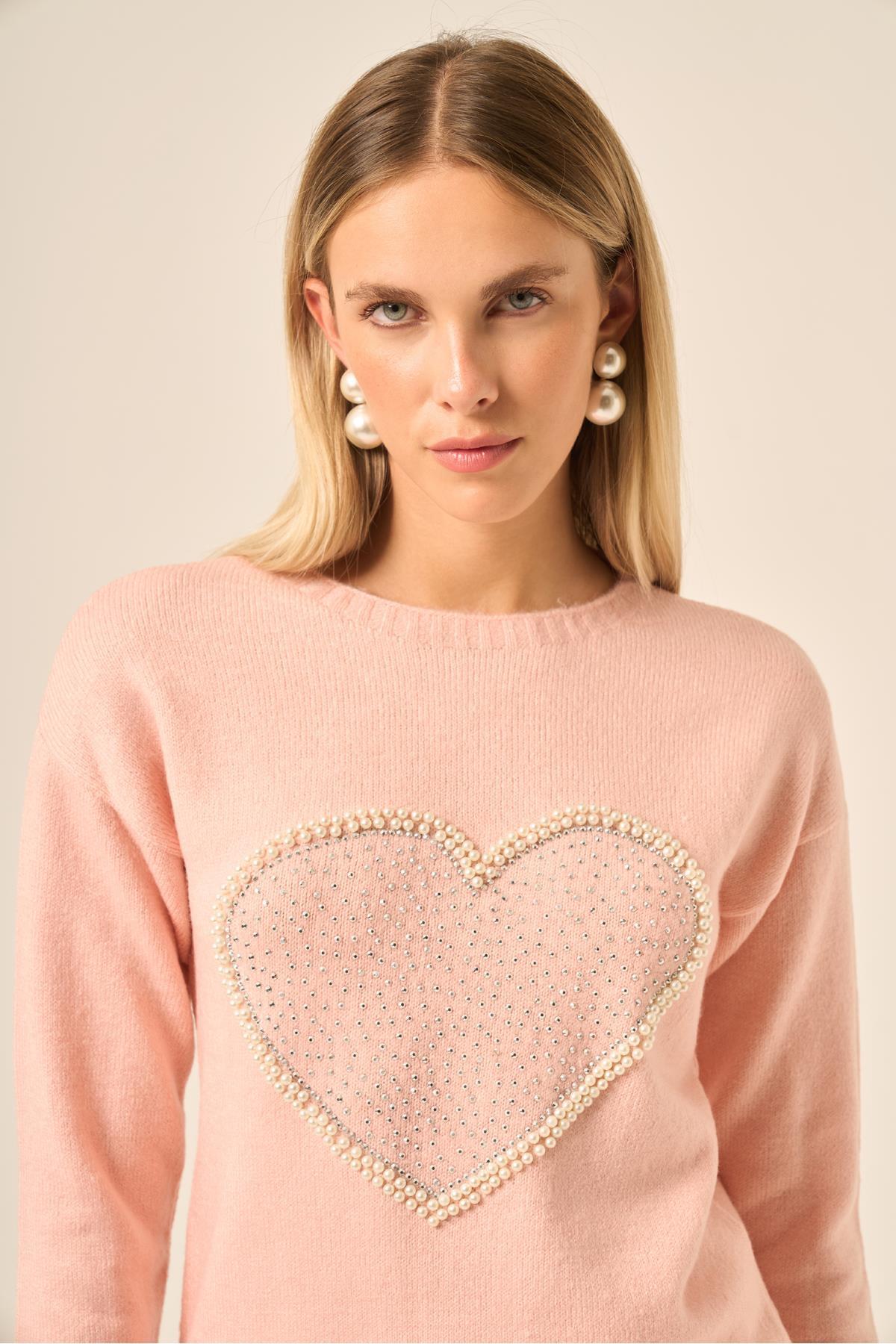 FTZ WOMEN  Kadın Kalp Detay Şardon Kazak Pudra 25214 - Görsel 5