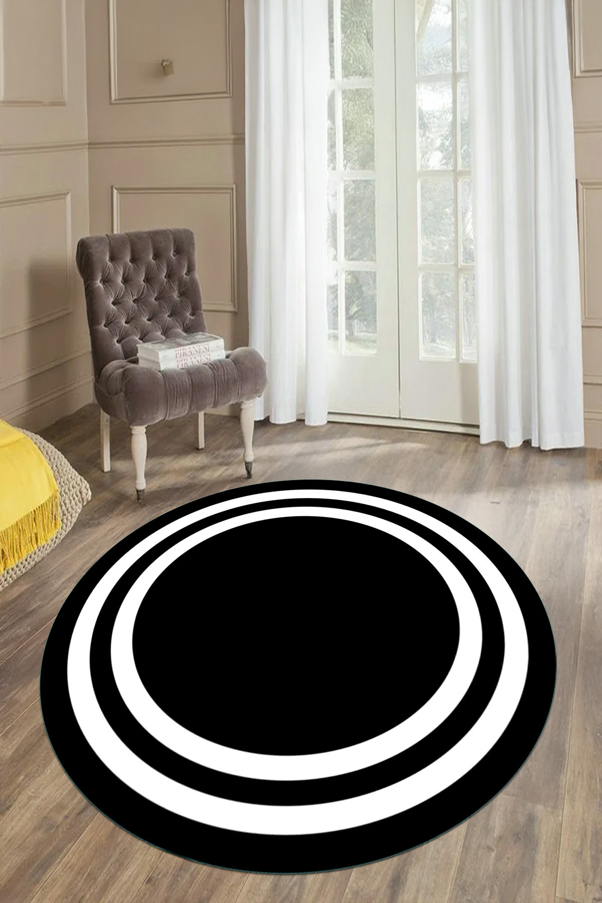 Round Lounge Rug with Printed Washable and Non-Slip Base Straight Line Motif Frame