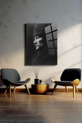Ahsen resim çerçeve ATATÜRK - Siyah Beyaz Dikey Duvar Dekoratif Cam Tablo
