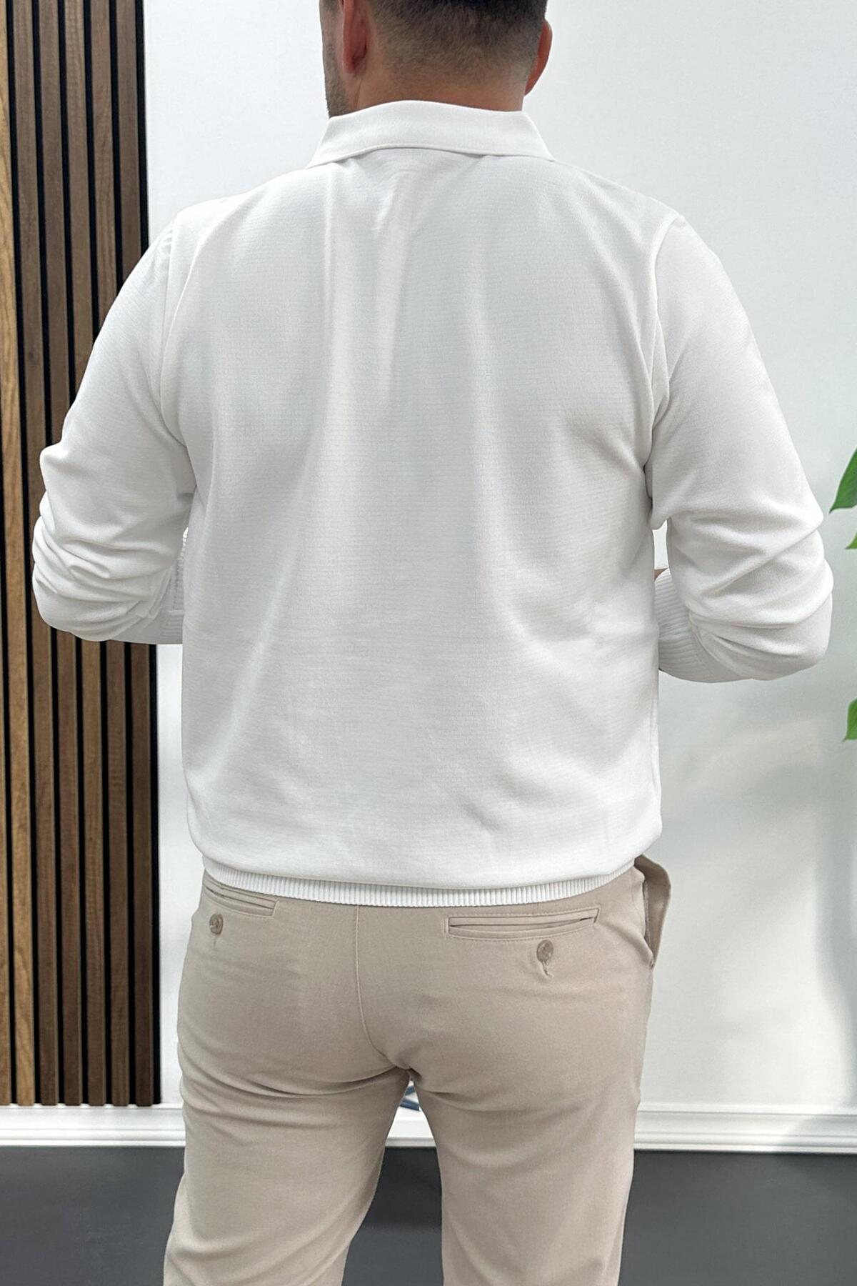 Edwox  Erkek Açık Yaka Düz Desen Normal Kalıp Kazak Beyaz Edw423 - Görsel 4