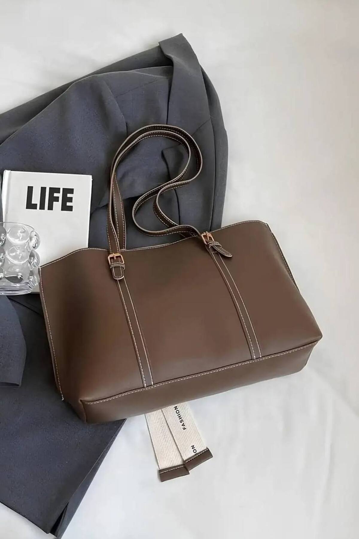 Kahverengi Fashion Kolon Askılı Büyük Boy Kadın El ve Omuz Çantası görünüm 5