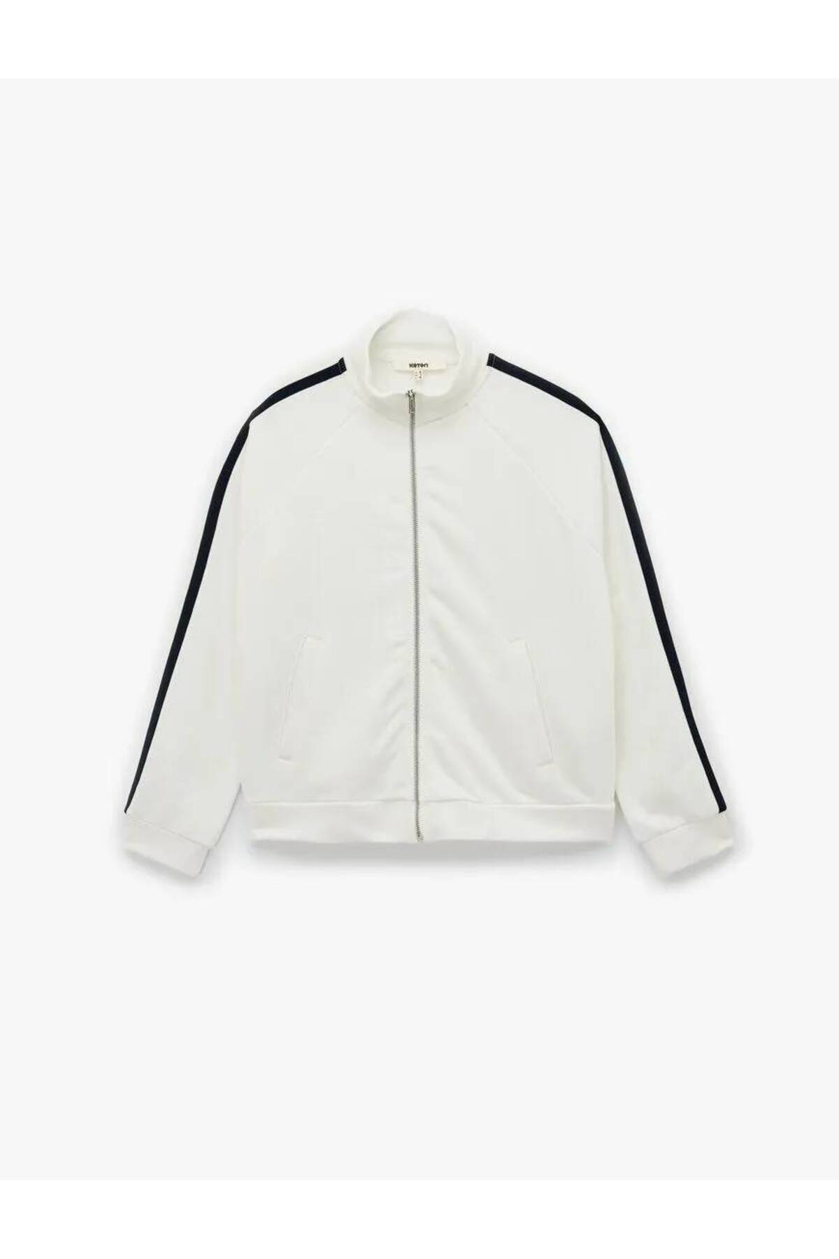 Koton  Üç İplik Şerit Detaylı Uzun Kollu Dik Yaka Fermuarlı Sweatshirt