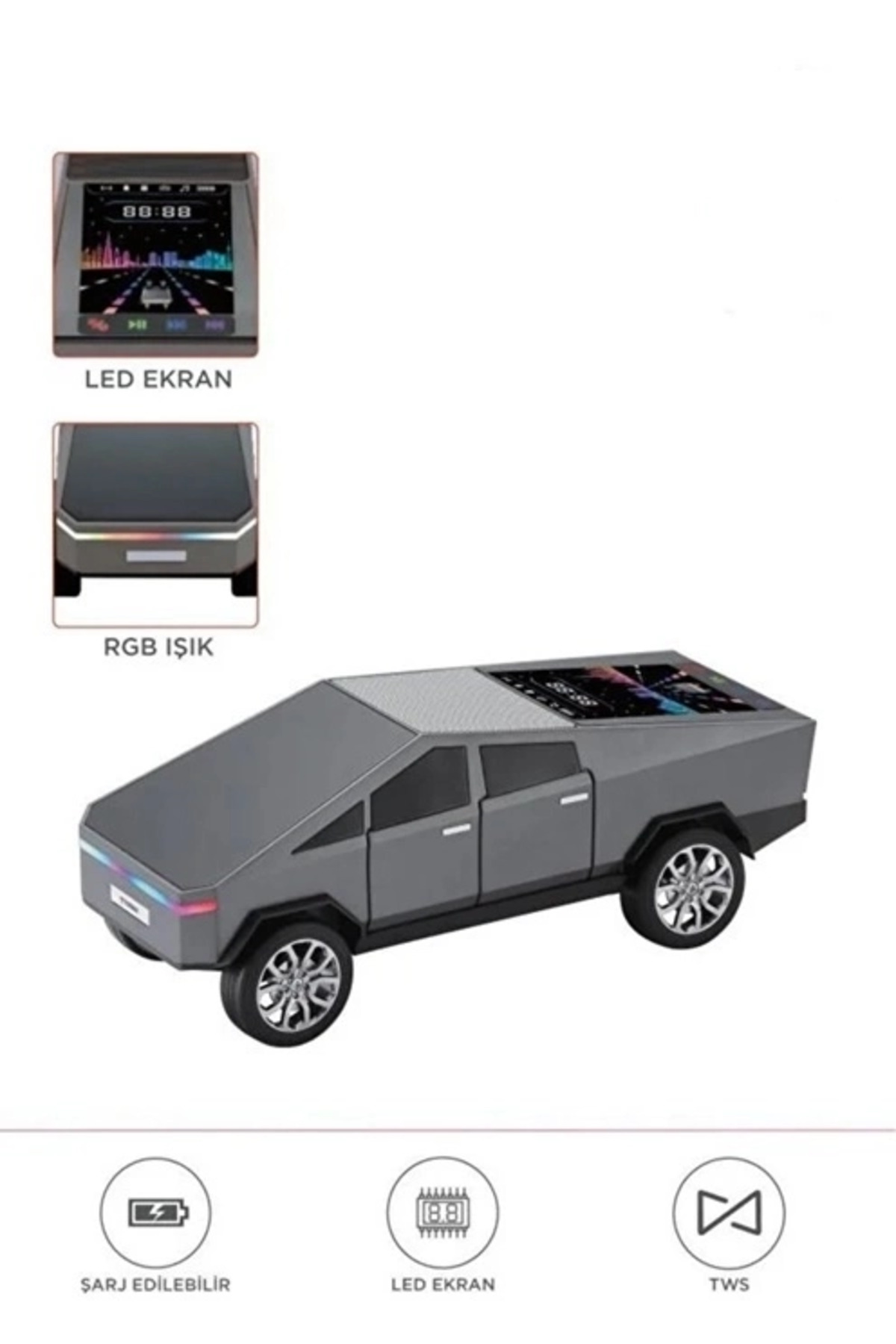 karadağsb D68 Cyber Model Araba Tasarımlı Bluetooth Hoparlör 15W Güçlü Ses Rgb Led /Tws/Usb Gri