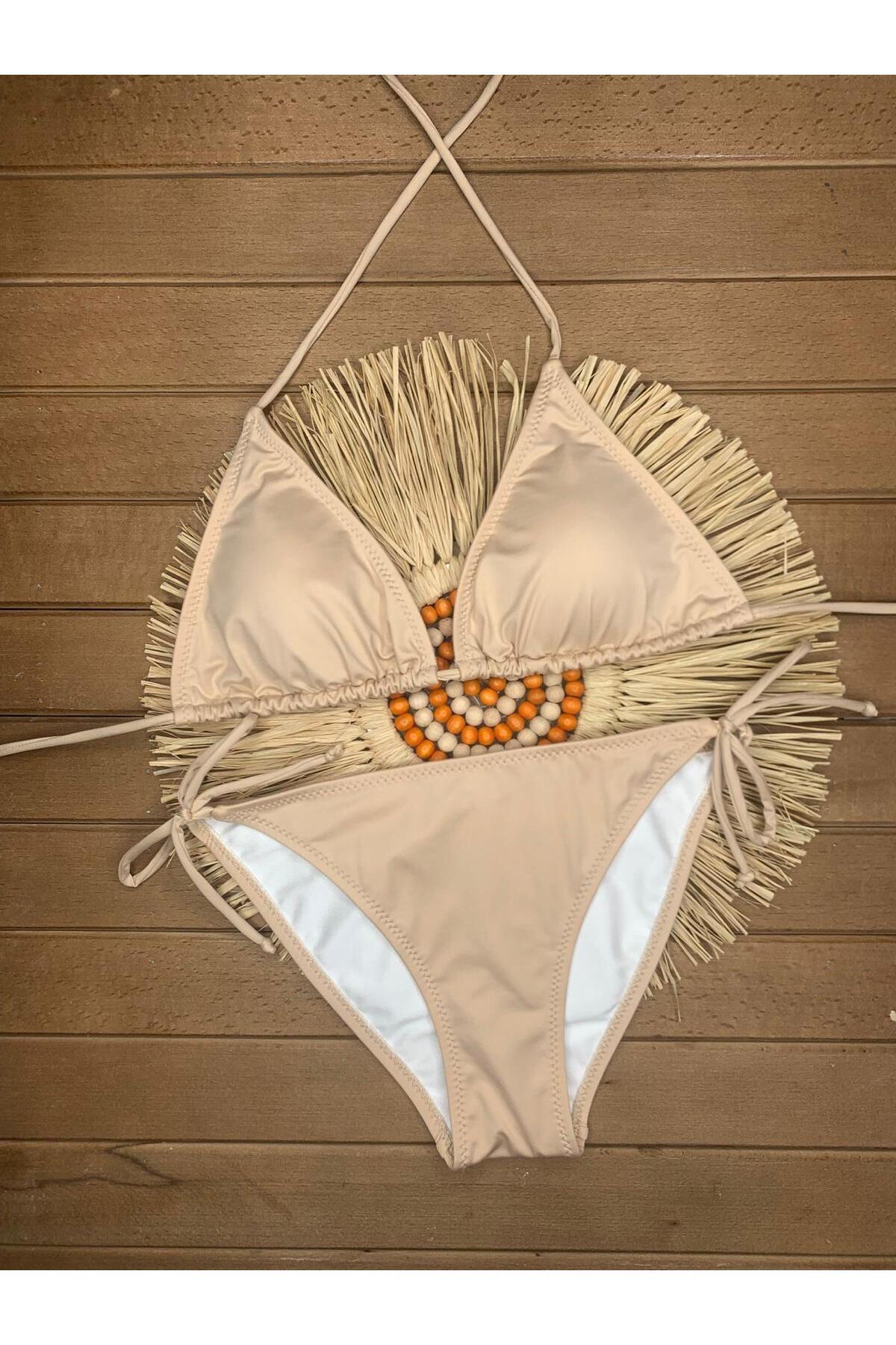 Genel Markalar Kadın Açık Bej Likralı Esnek Yandan Ve Boyundan Bağlamalı Şık İpli Üçgen Bikini Takım