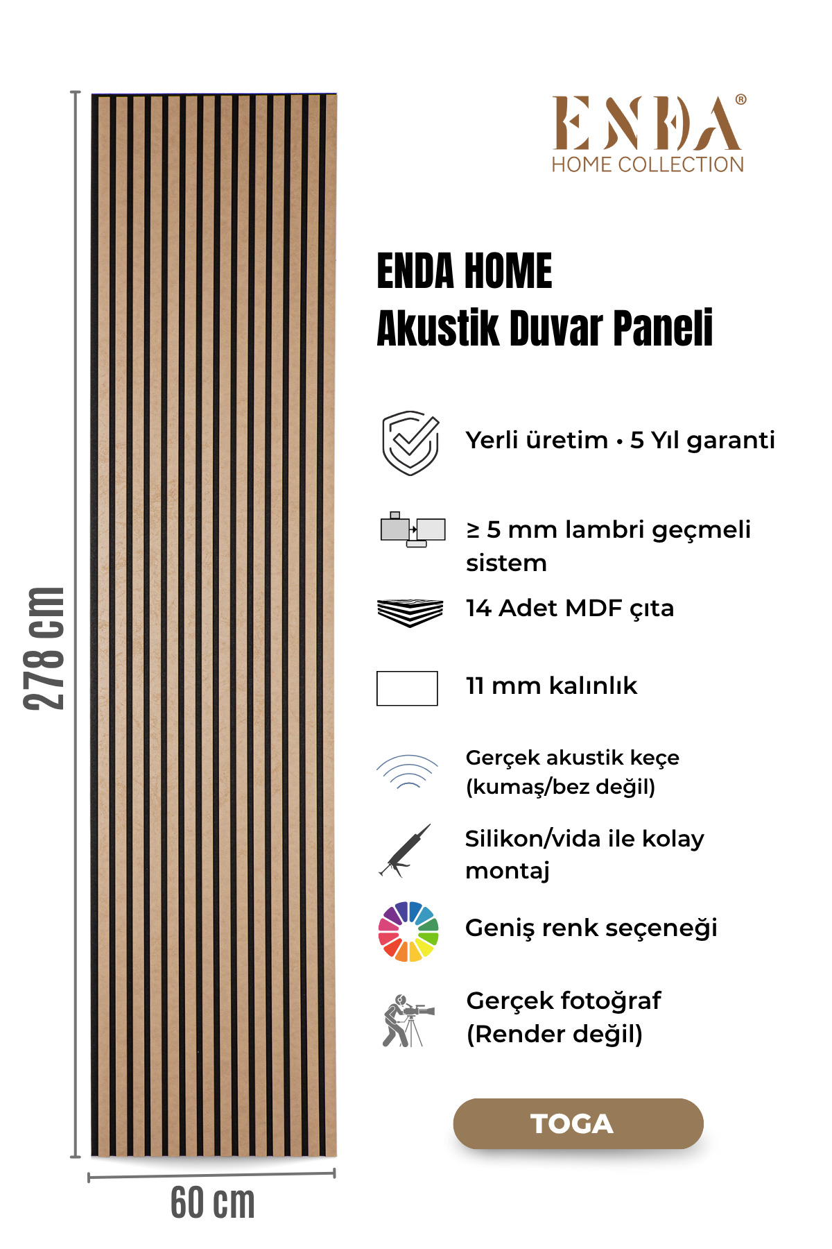 MDF Acoustic Wall Panel 60×278 cm – 11 mm Thickness, Real Felted Decor Lath